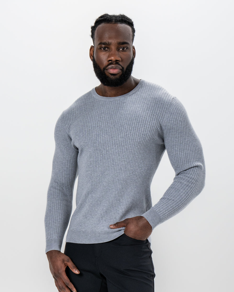 Mid-Weight Ribbed Knit Crewneck Sweater - Light Grey