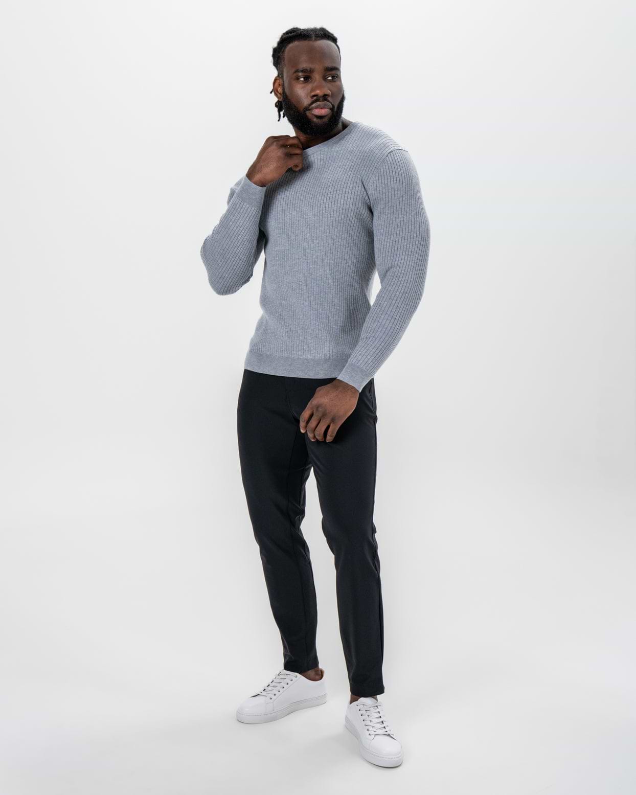 Mid-Weight Ribbed Knit Crewneck Sweater - Light Grey