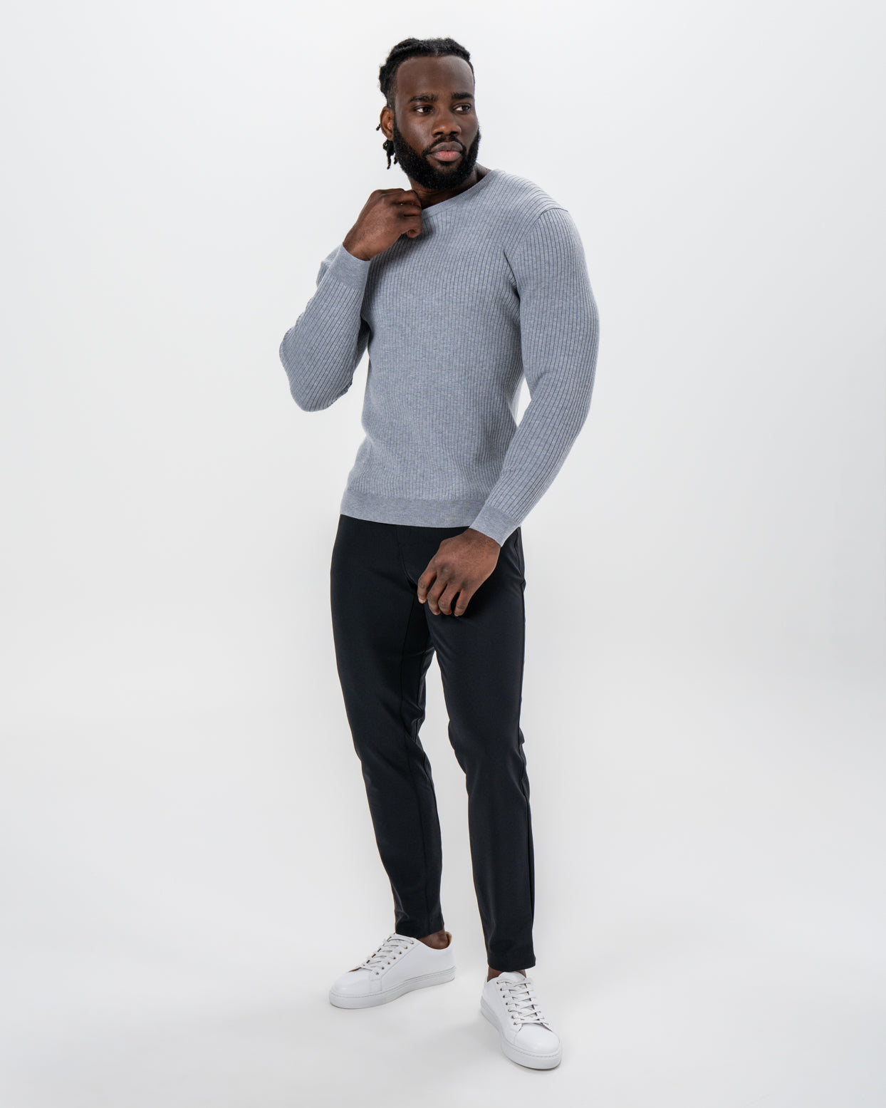 Mid-Weight Ribbed Knit Crewneck Sweater - Light Grey