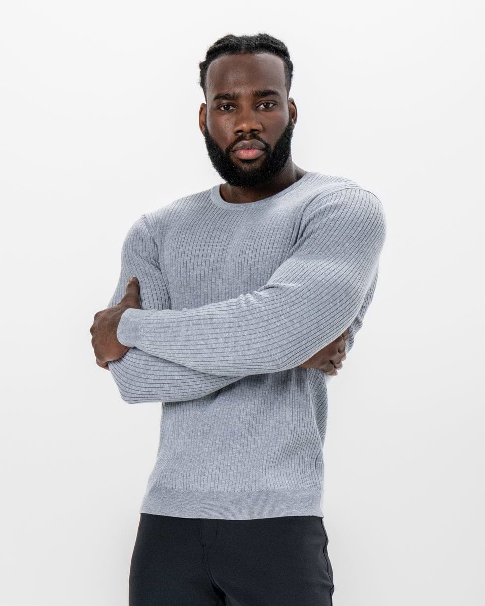 Mid-Weight Ribbed Knit Crewneck Sweater - Light Grey