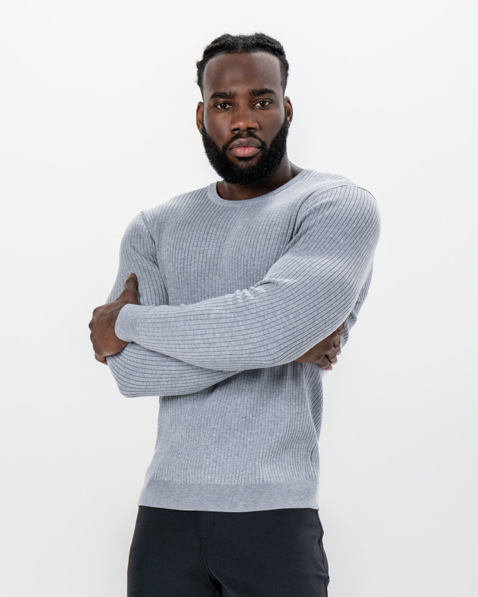 Mid-Weight Ribbed Knit Crewneck Sweater - Light Grey