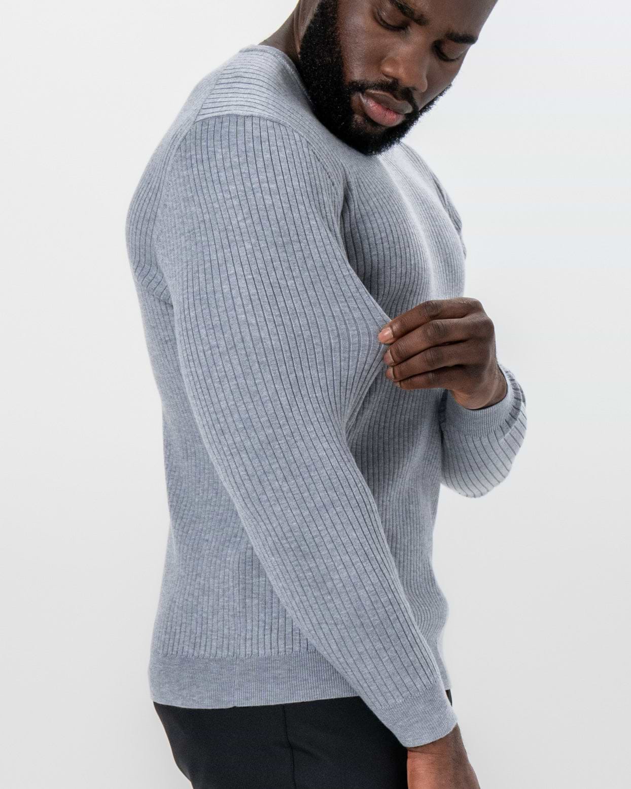 Mid-Weight Ribbed Knit Crewneck Sweater - Light Grey