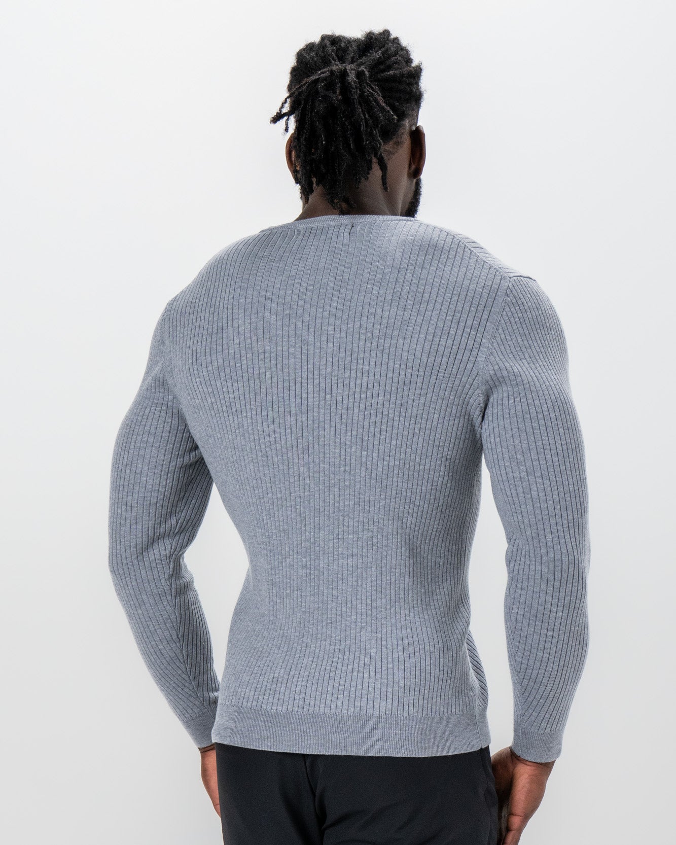 Mid-Weight Ribbed Knit Crewneck Sweater - Light Grey