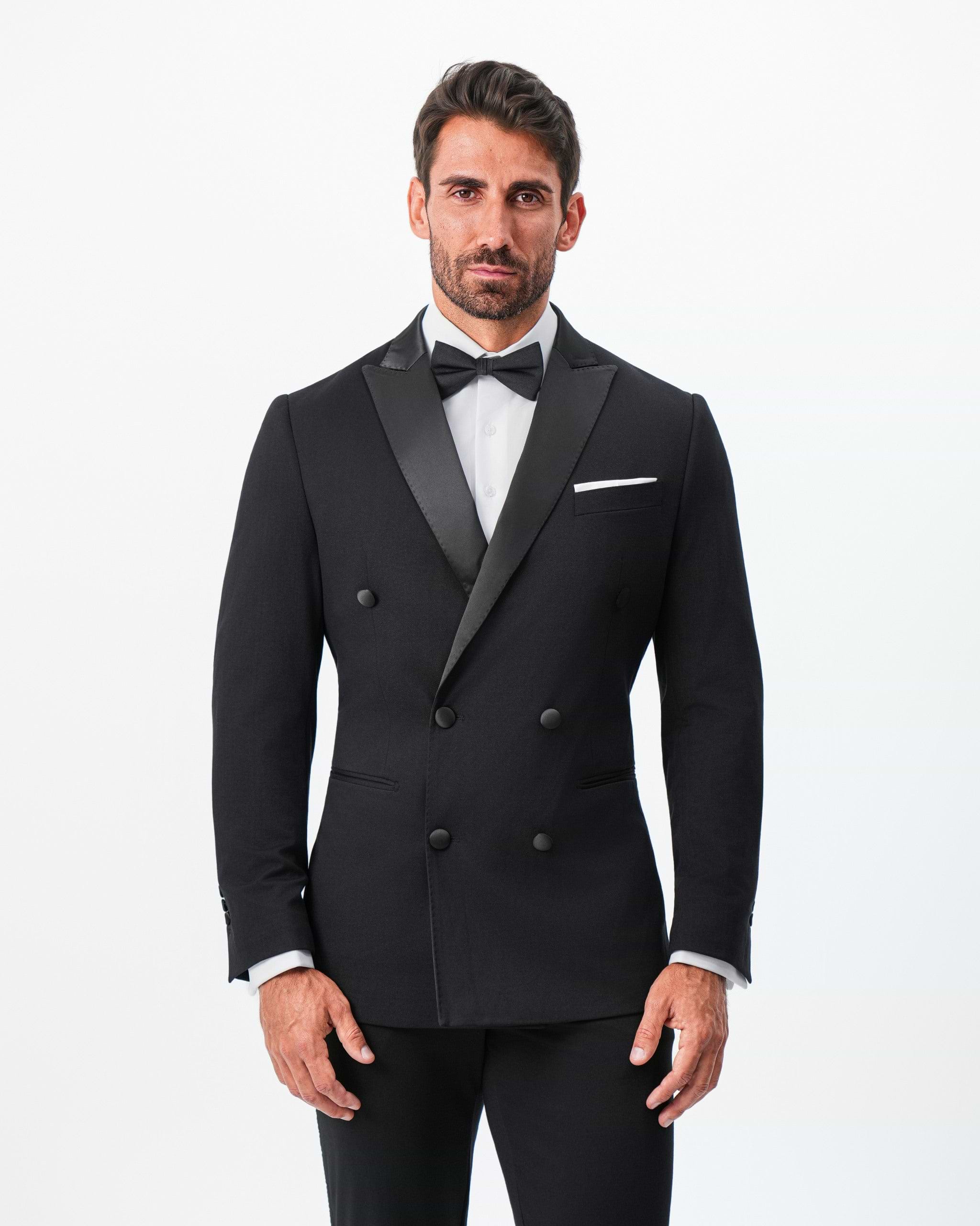 Athletic Fit Stretch Tuxedo Jacket - Double Breasted Solid Black with Peak Lapel