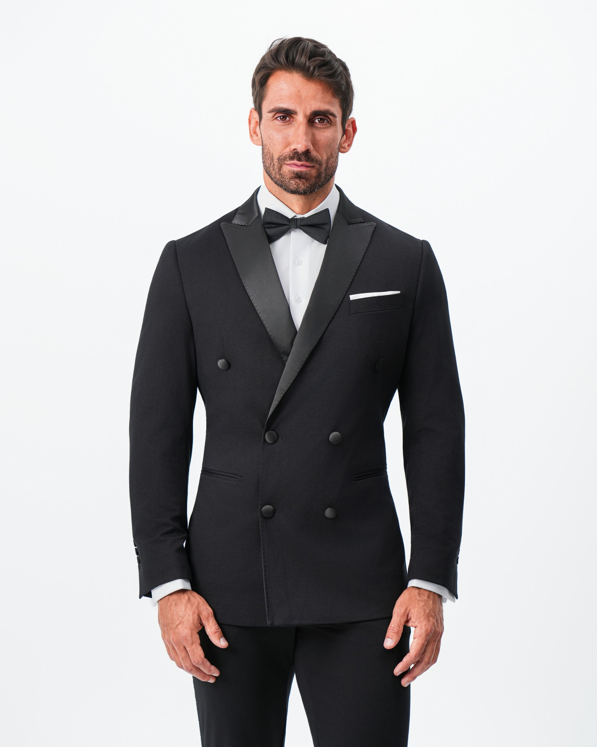 Athletic Fit Stretch Tuxedo Jacket - Double Breasted Solid Black with Peak Lapel