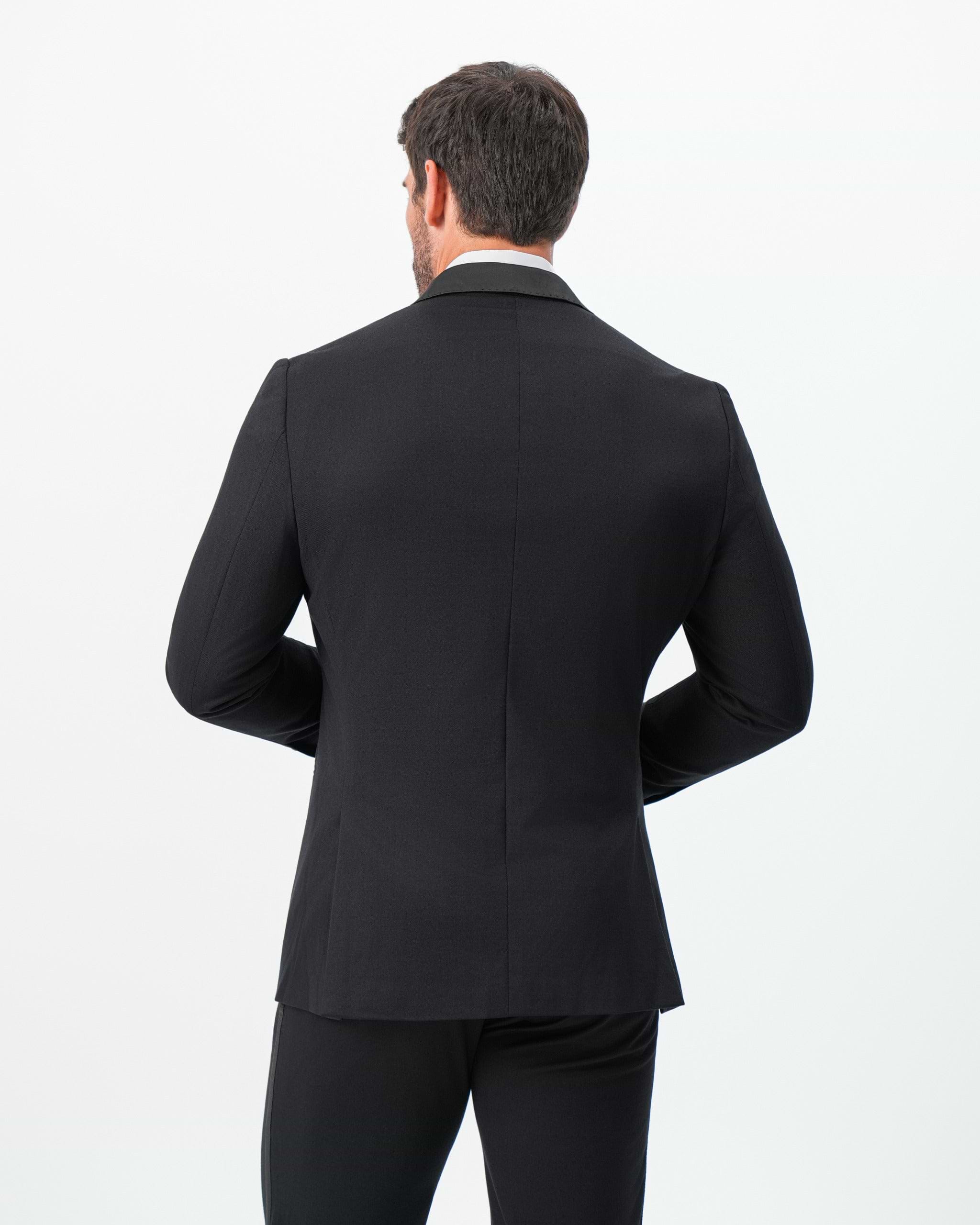 Athletic Fit Stretch Tuxedo Jacket - Double Breasted Solid Black with Peak Lapel