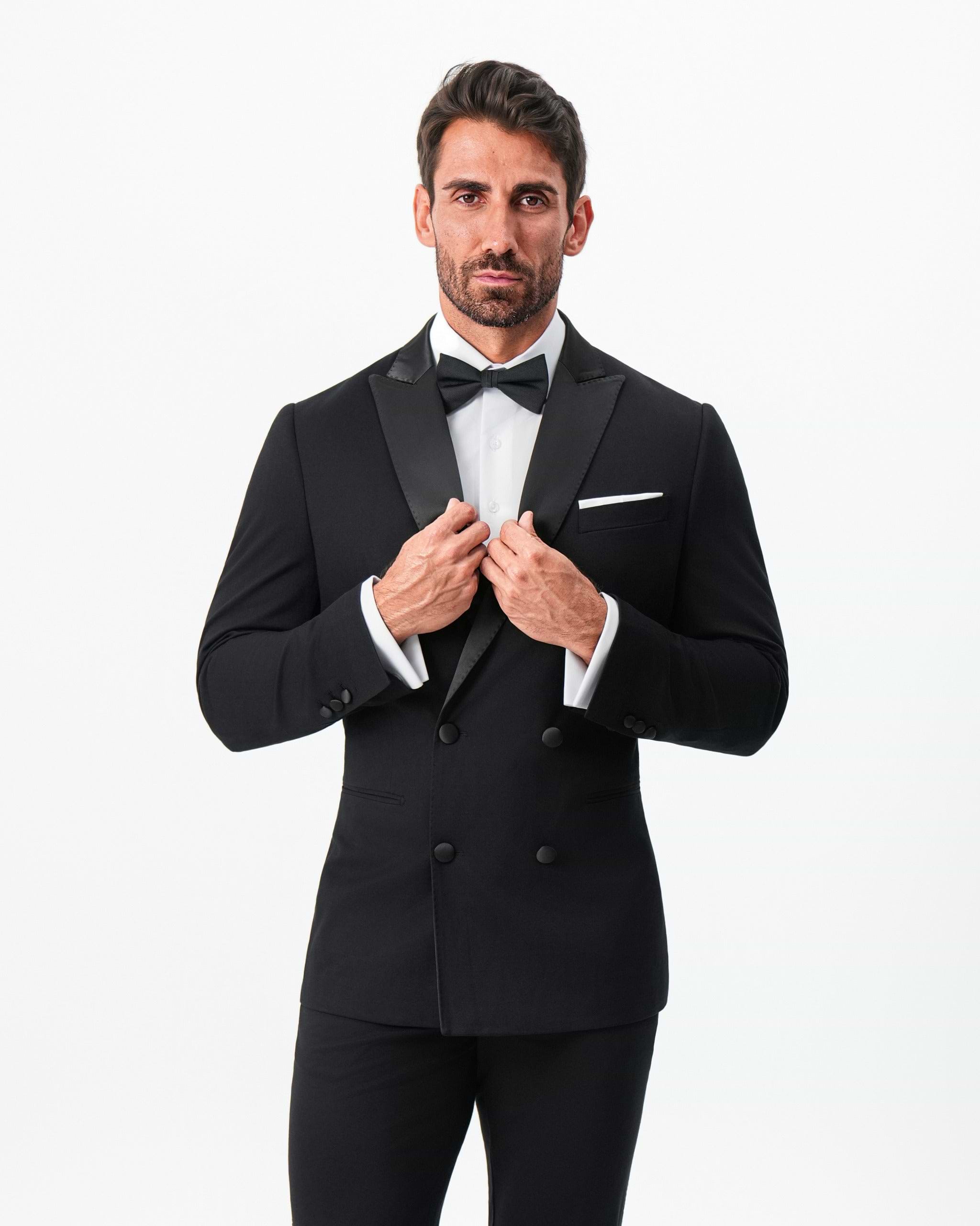 Athletic Fit Stretch Tuxedo Jacket - Double Breasted Solid Black with Peak Lapel