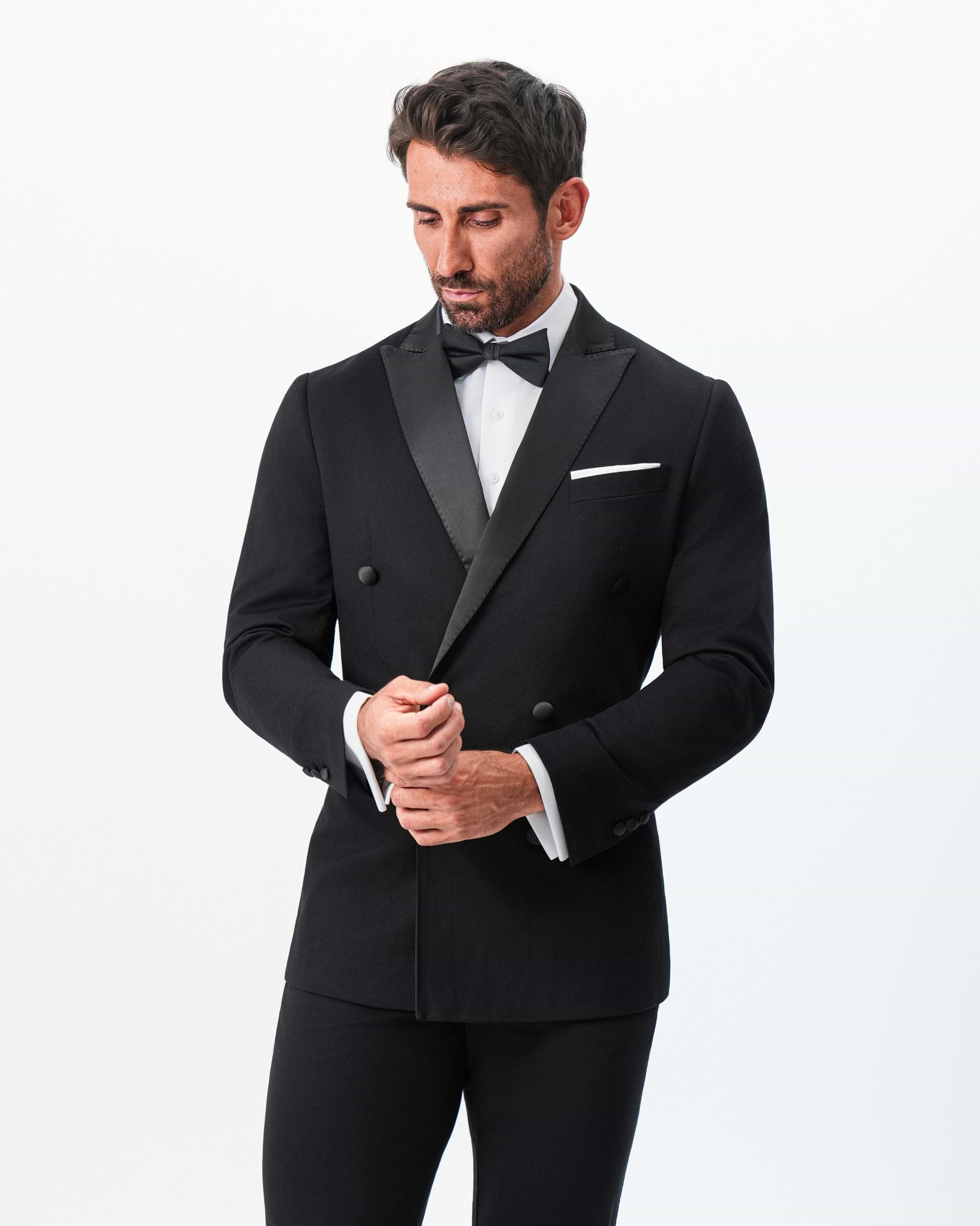 Athletic Fit Stretch Tuxedo Jacket - Double Breasted Solid Black with Peak Lapel