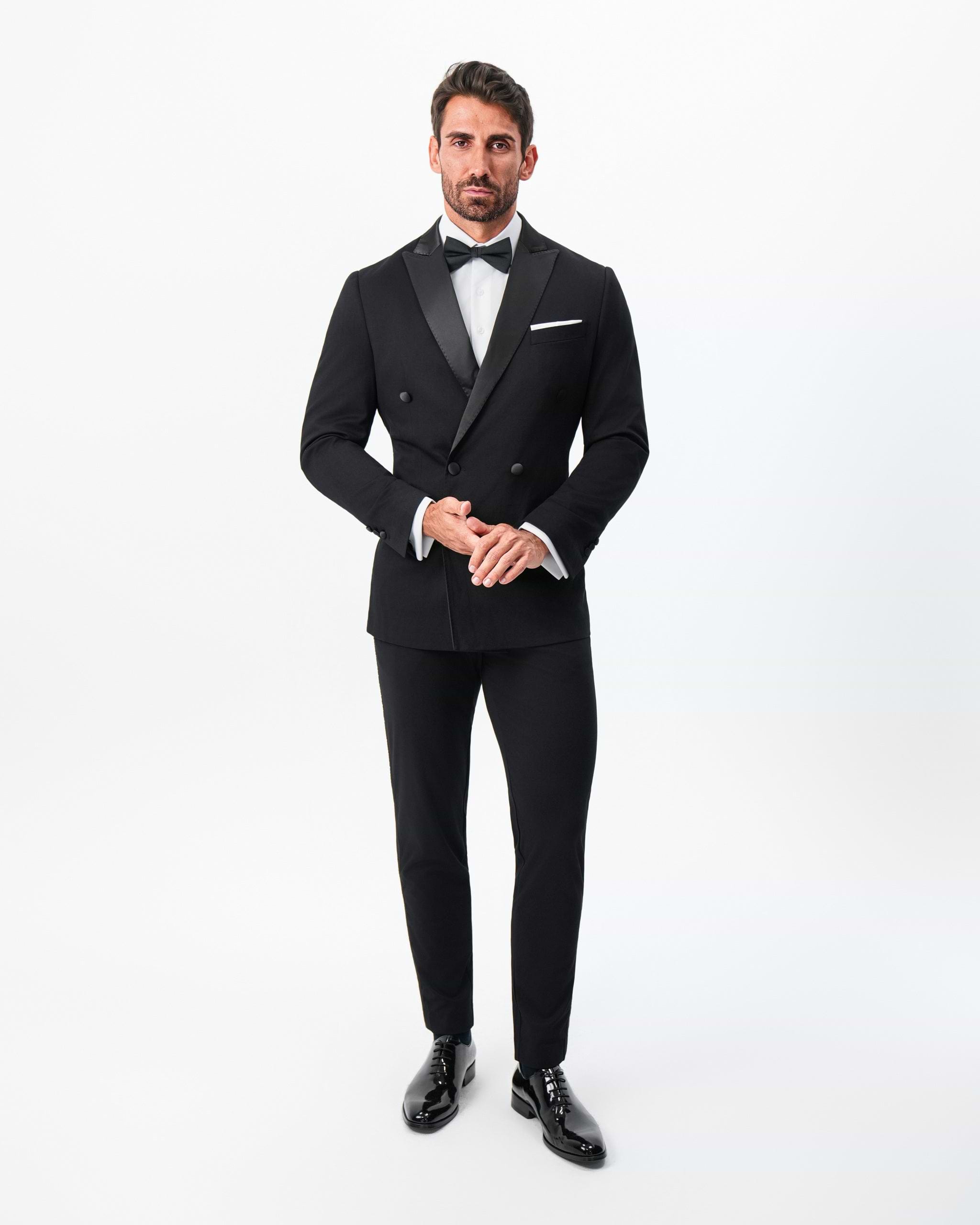 Athletic Fit Stretch Tuxedo Jacket - Double Breasted Solid Black with Peak Lapel