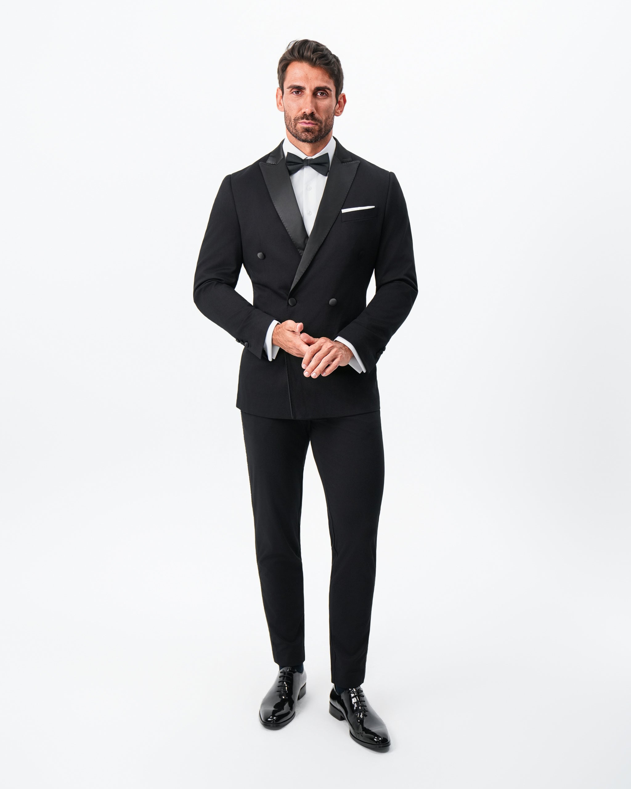 Athletic Fit Stretch Tuxedo Jacket - Double Breasted Solid Black with Peak Lapel
