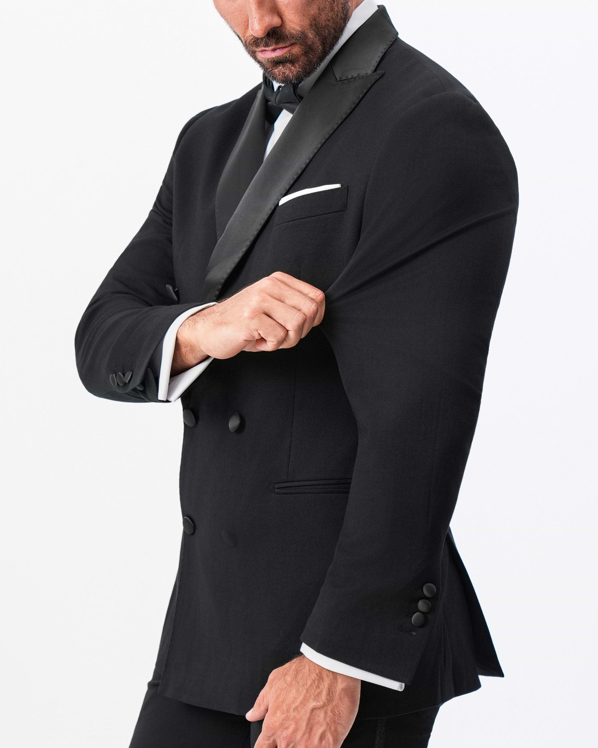 Athletic Fit Stretch Tuxedo Jacket - Double Breasted Solid Black with Peak Lapel
