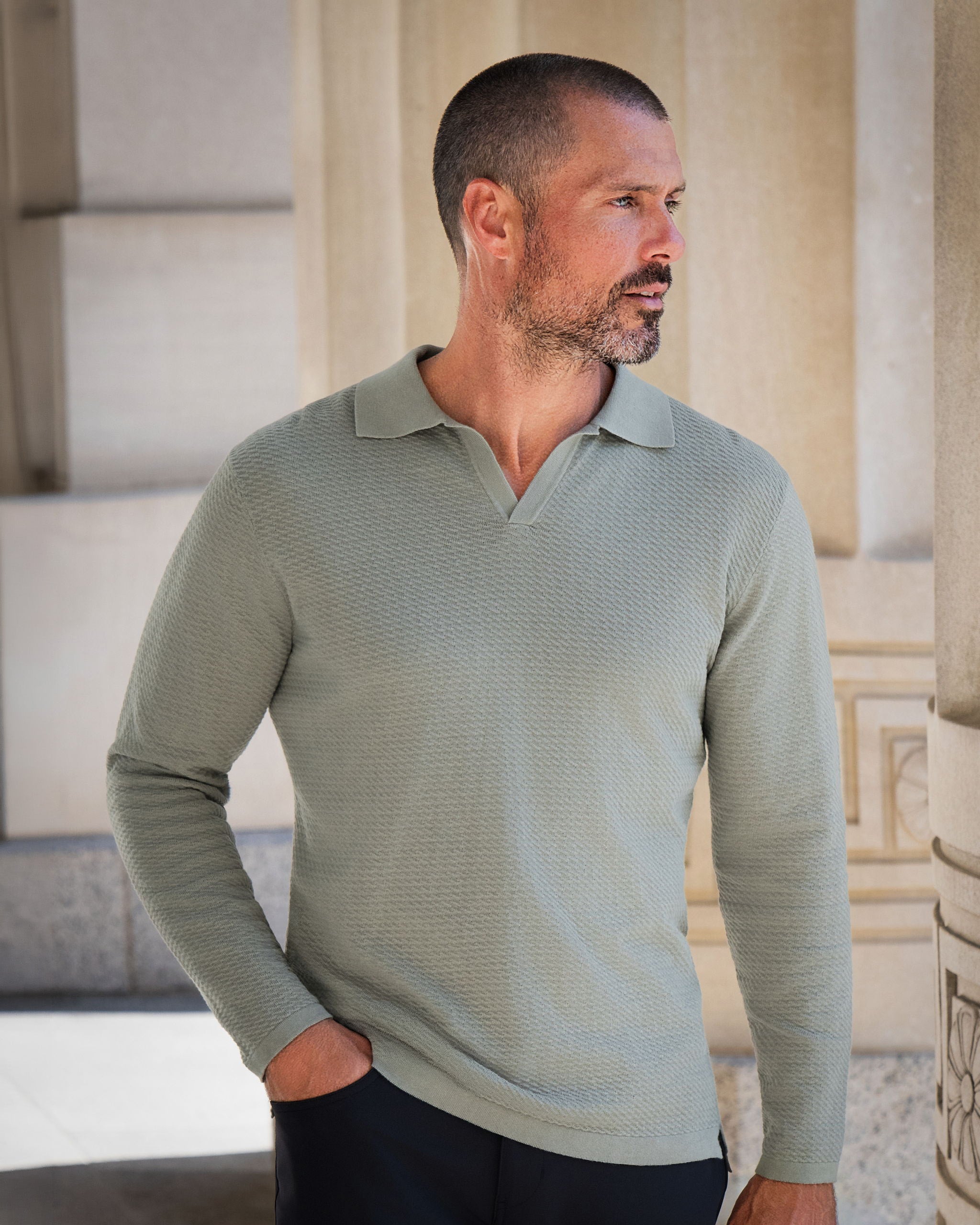 Textured Buttonless Long Sleeve Polo - Olive