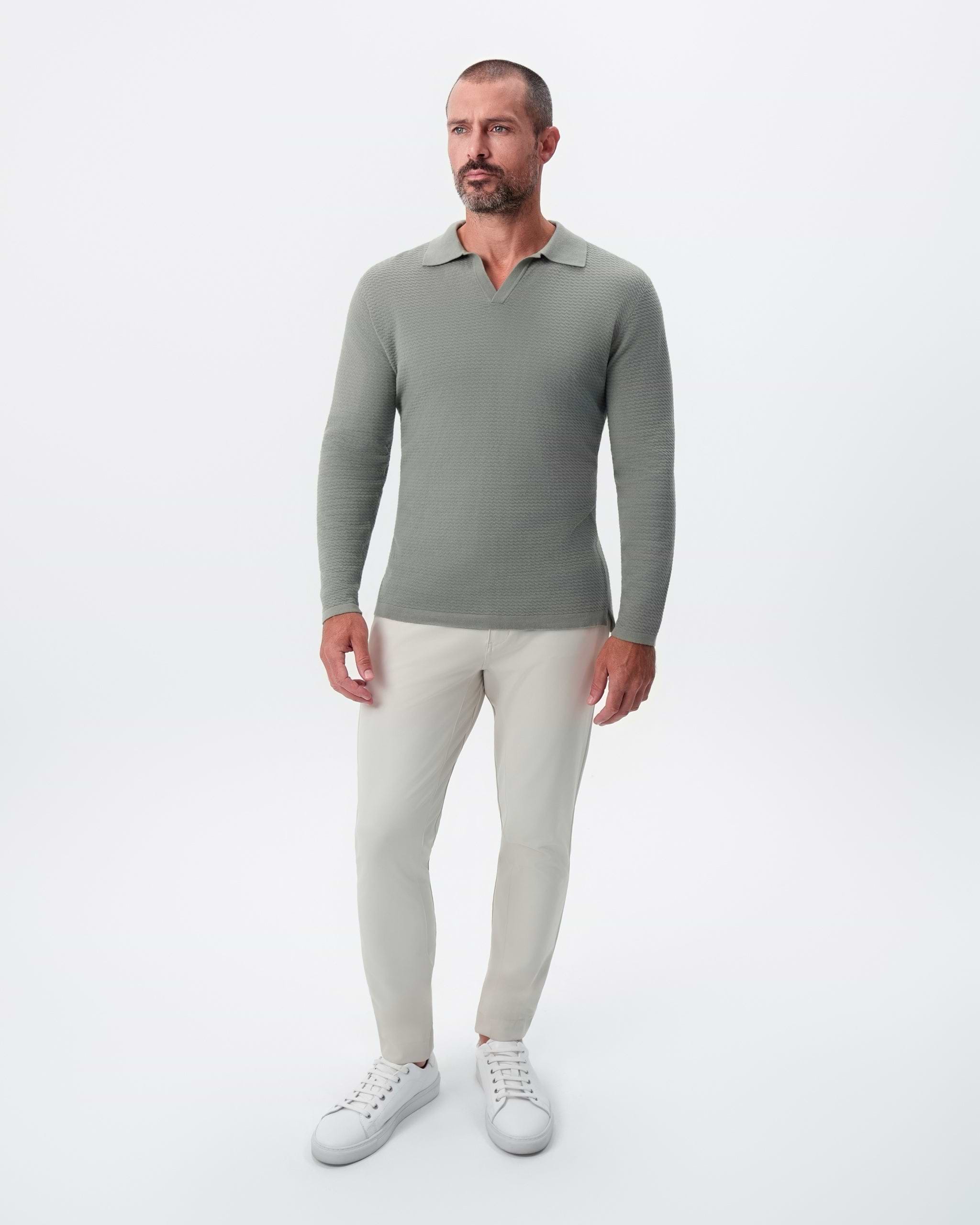 Textured Buttonless Long Sleeve Polo - Olive