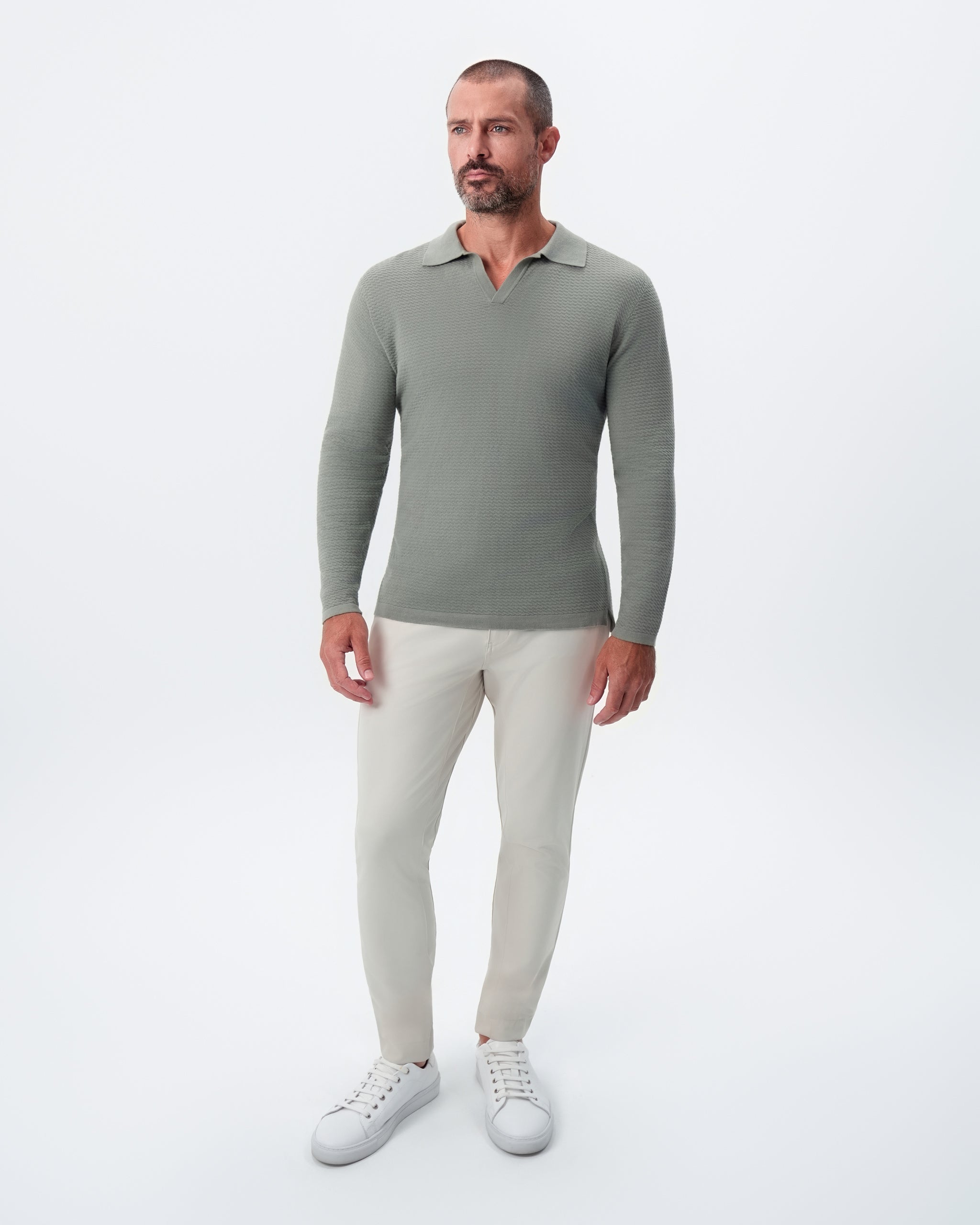 Textured Buttonless Long Sleeve Polo - Olive