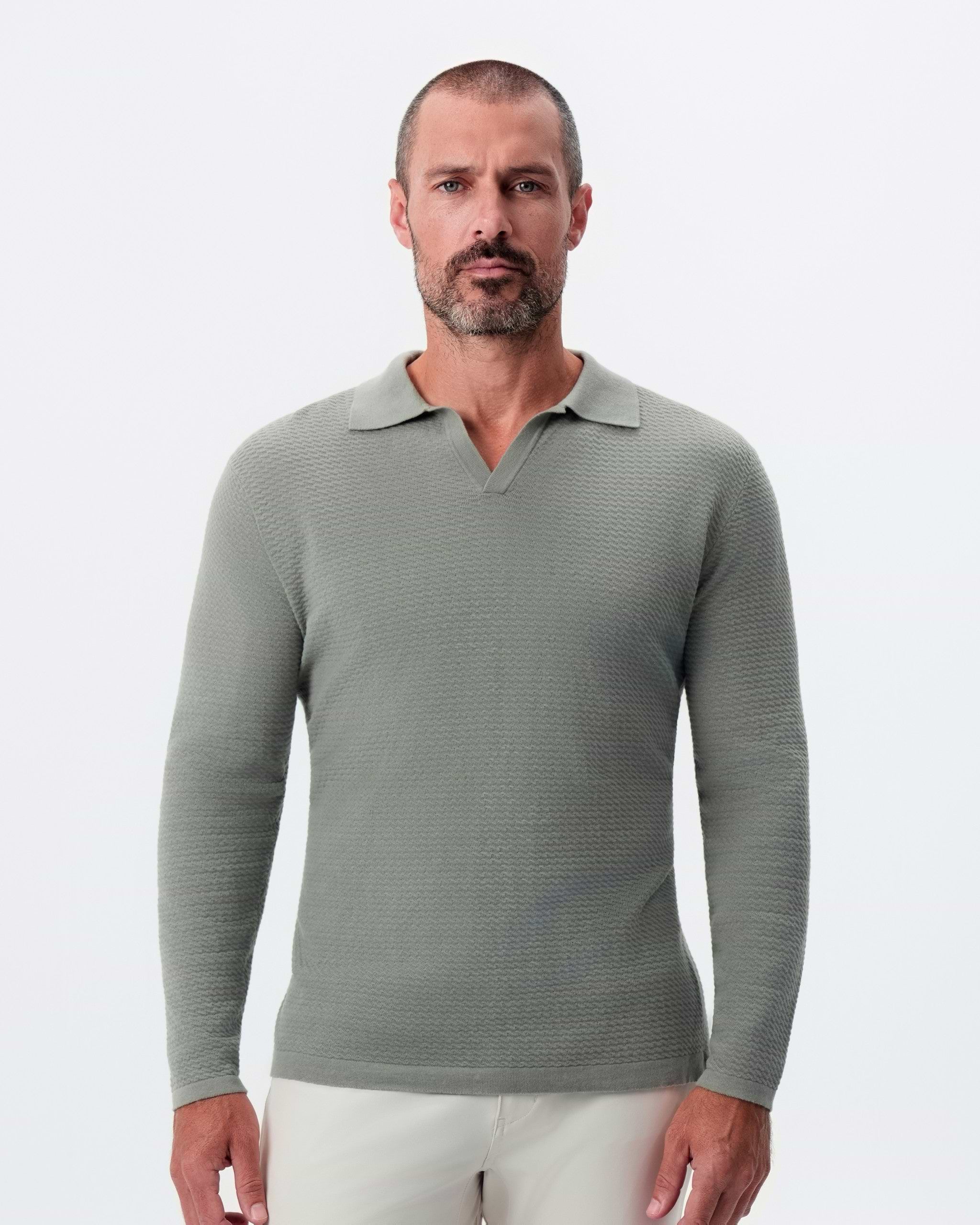 Textured Buttonless Long Sleeve Polo - Olive