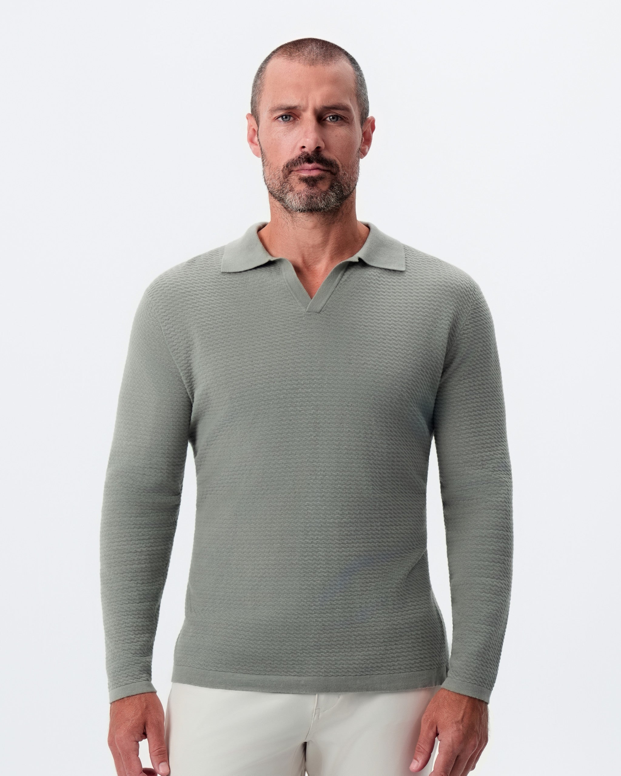 Textured Buttonless Long Sleeve Polo - Olive
