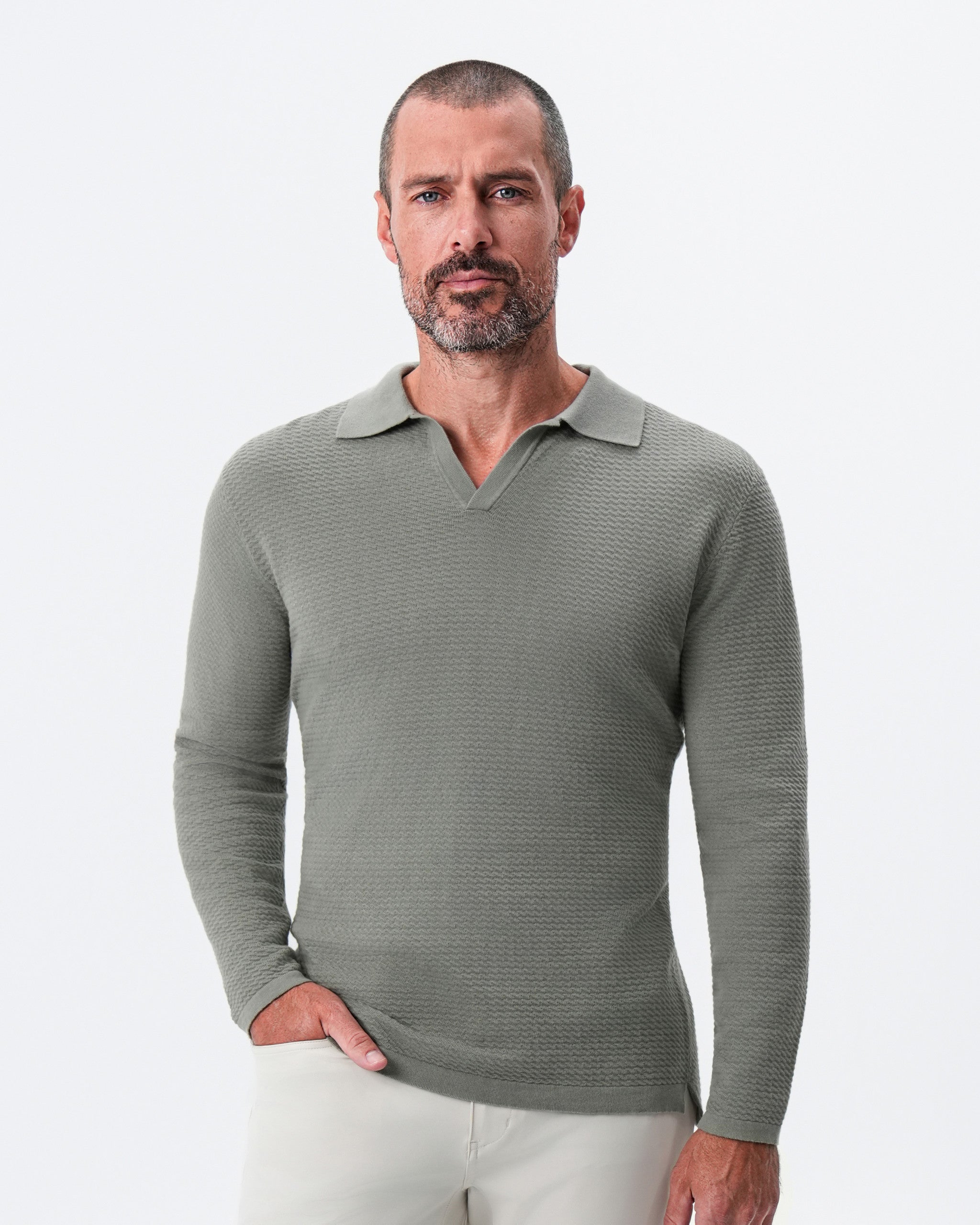 Textured Buttonless Long Sleeve Polo - Olive