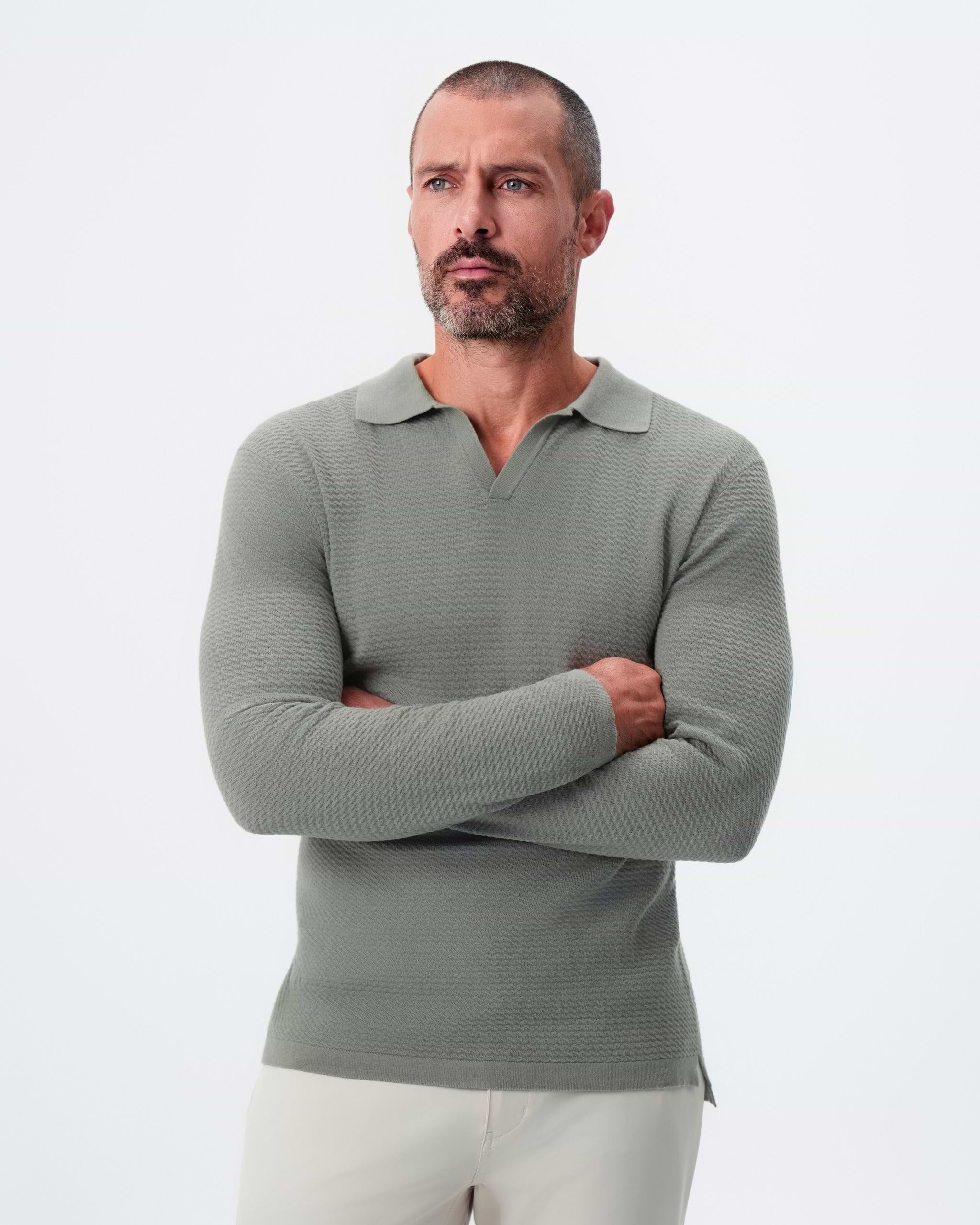 Textured Buttonless Long Sleeve Polo - Olive