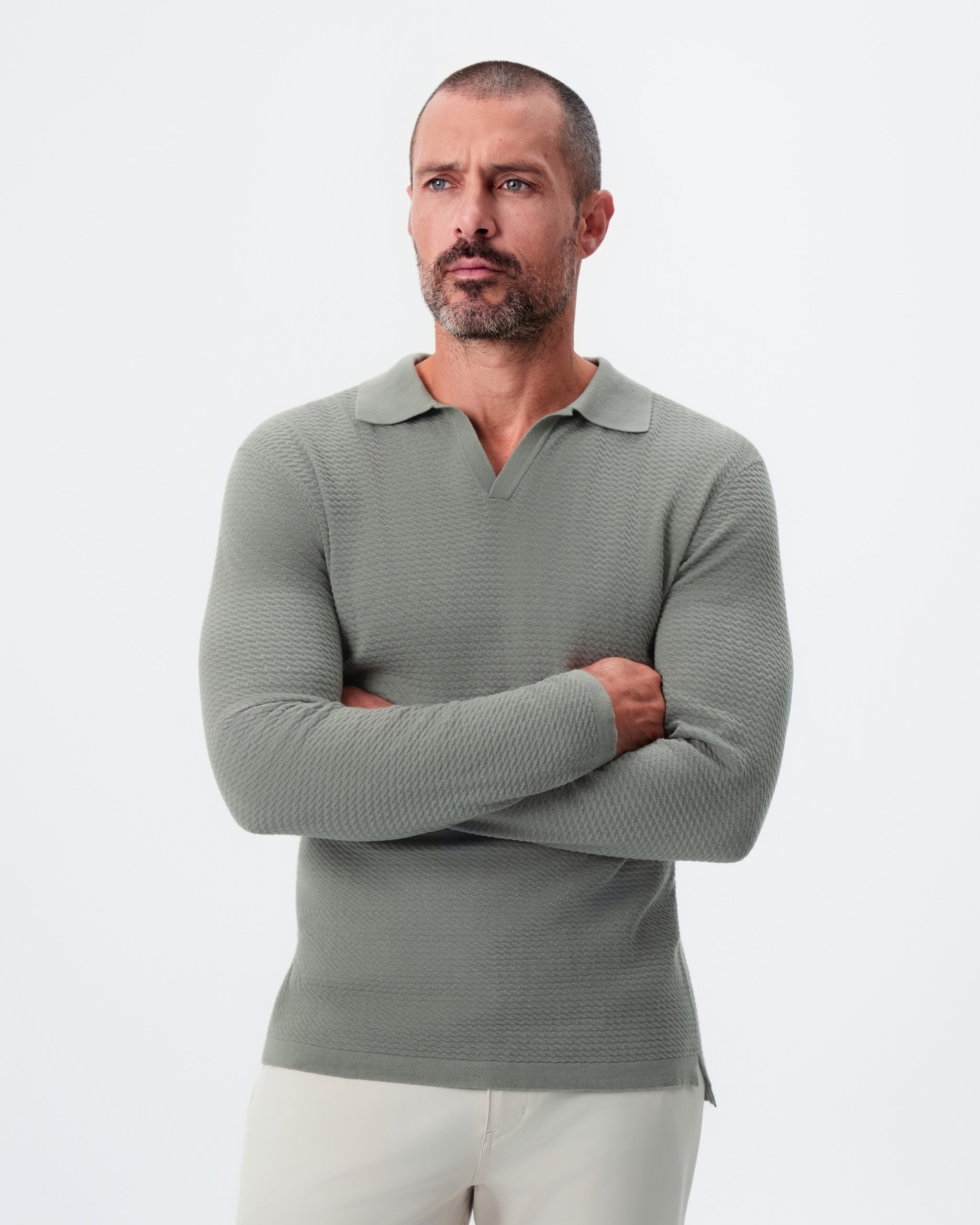 Textured Buttonless Long Sleeve Polo - Olive