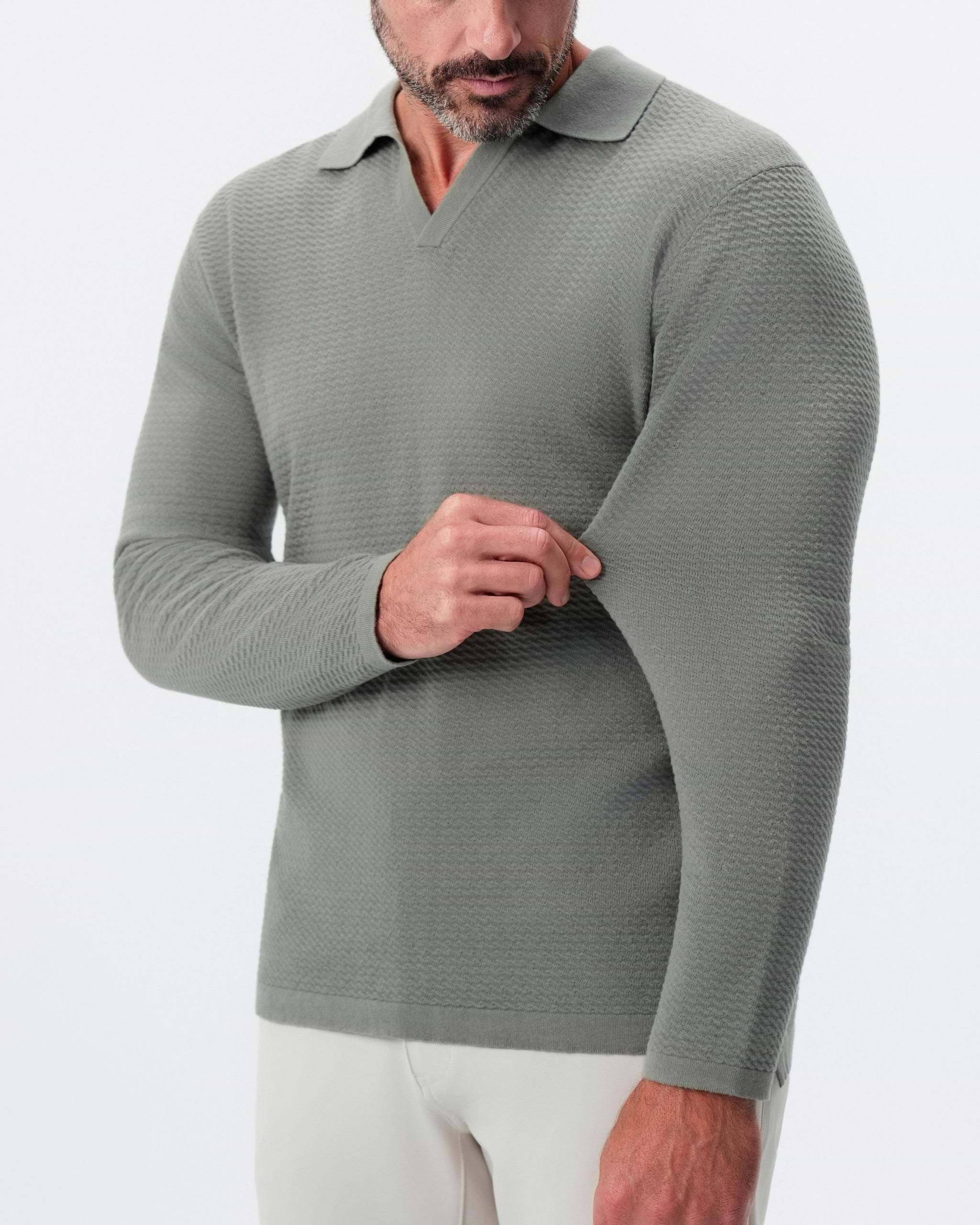 Textured Buttonless Long Sleeve Polo - Olive