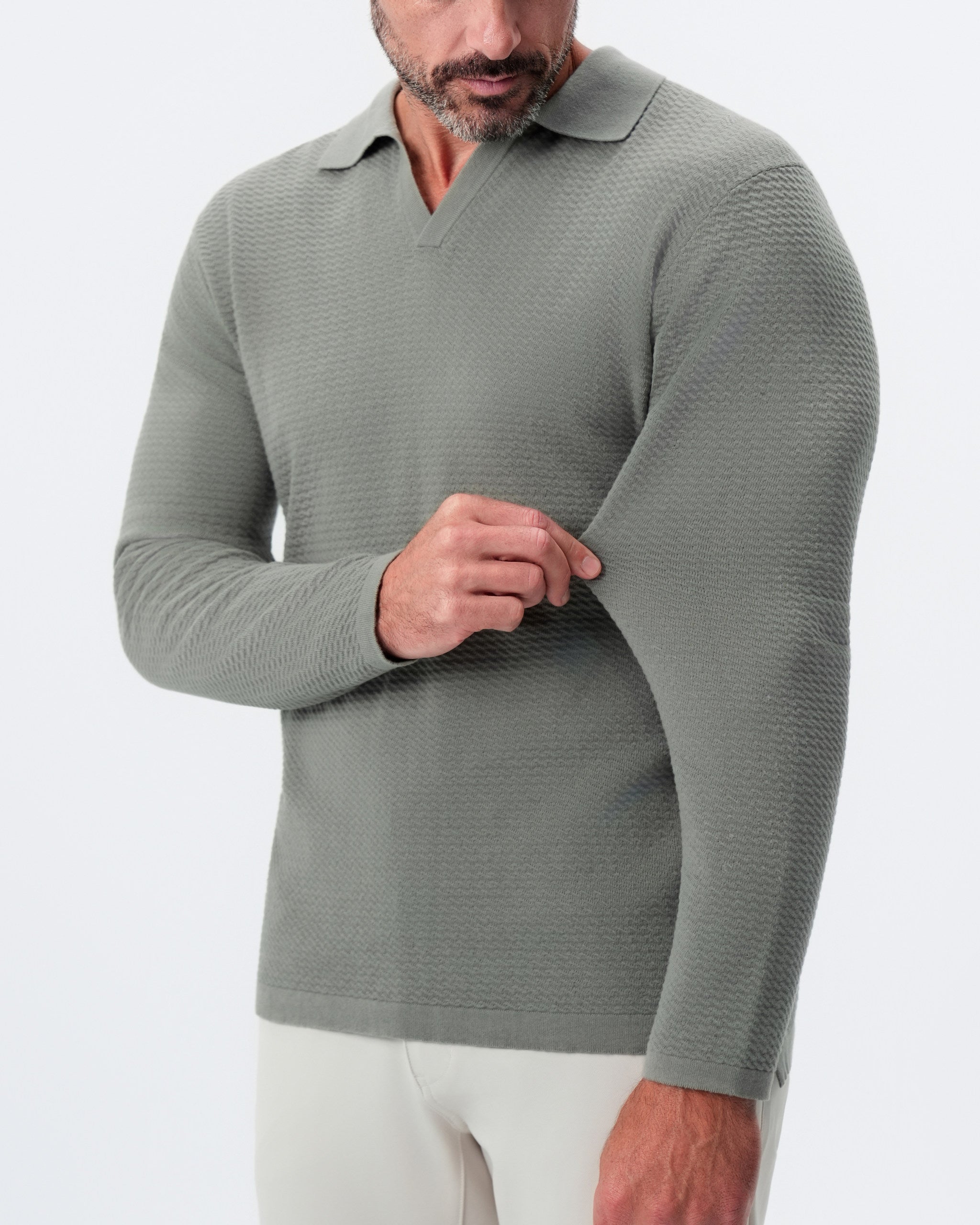 Textured Buttonless Long Sleeve Polo - Olive