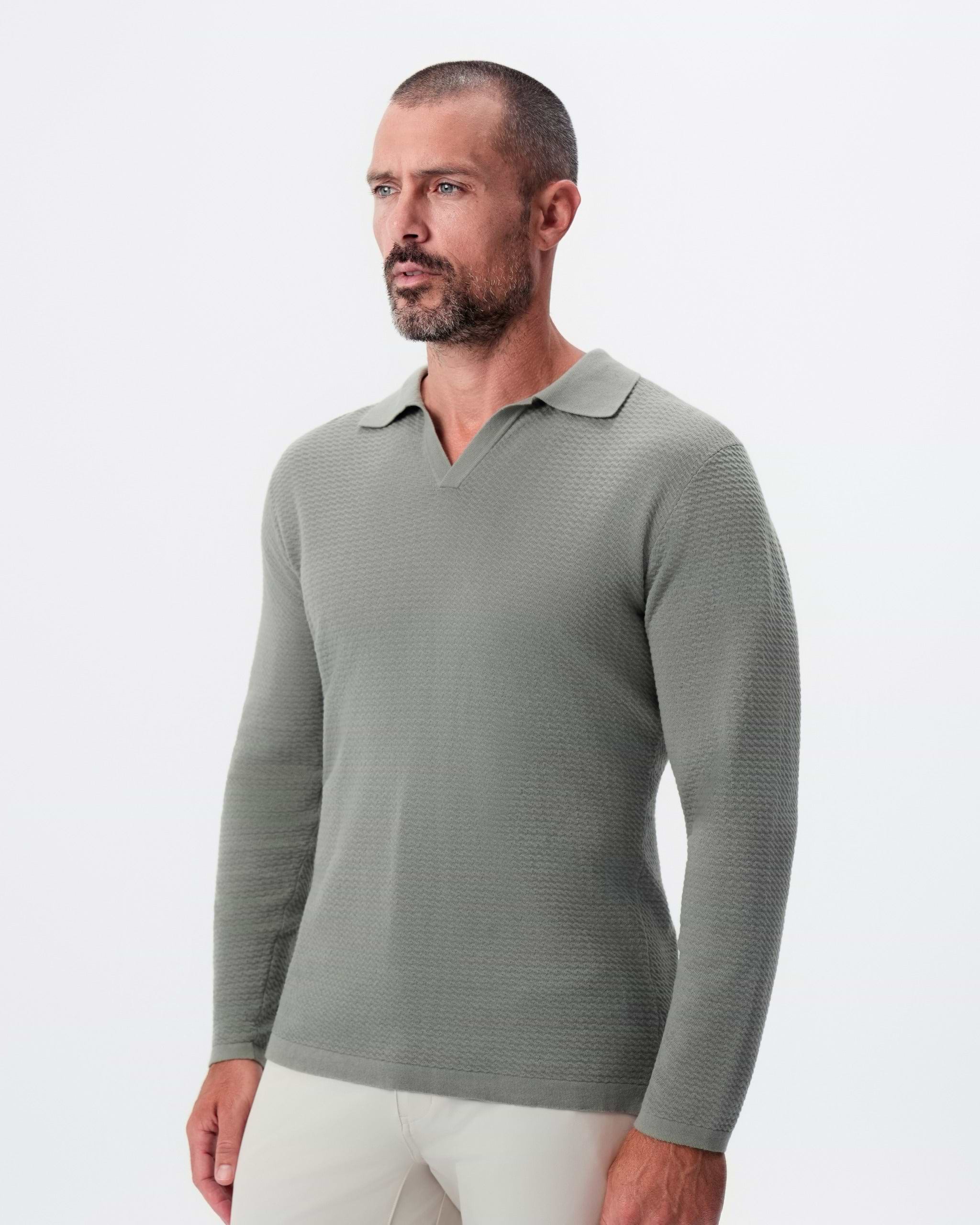 Textured Buttonless Long Sleeve Polo - Olive