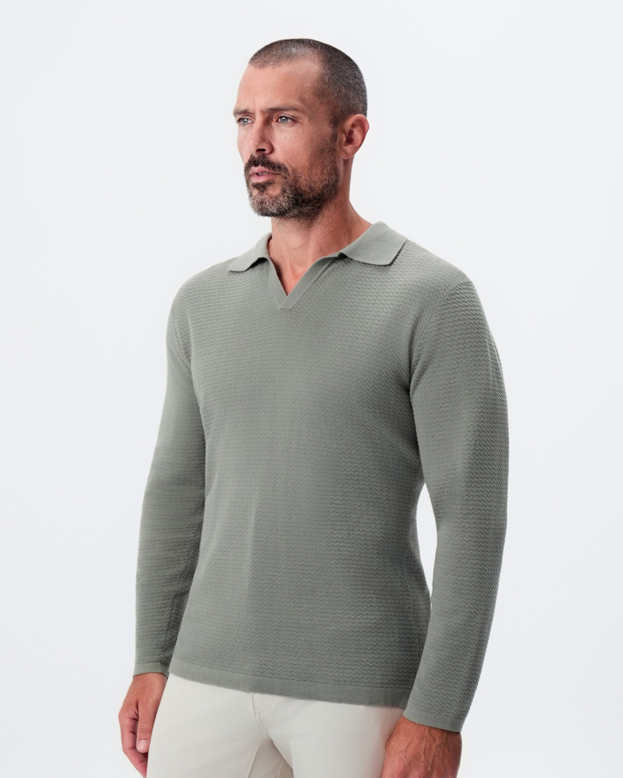 Textured Buttonless Long Sleeve Polo - Olive