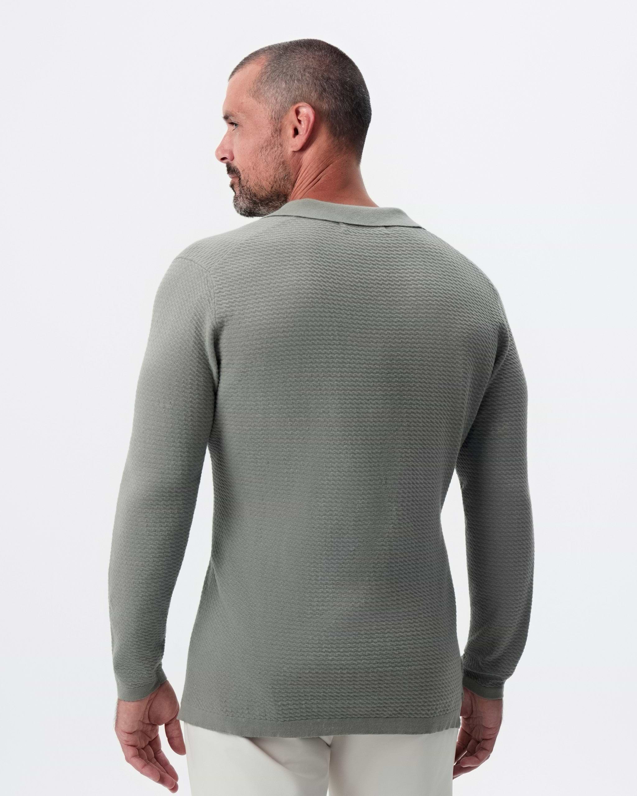Textured Buttonless Long Sleeve Polo - Olive