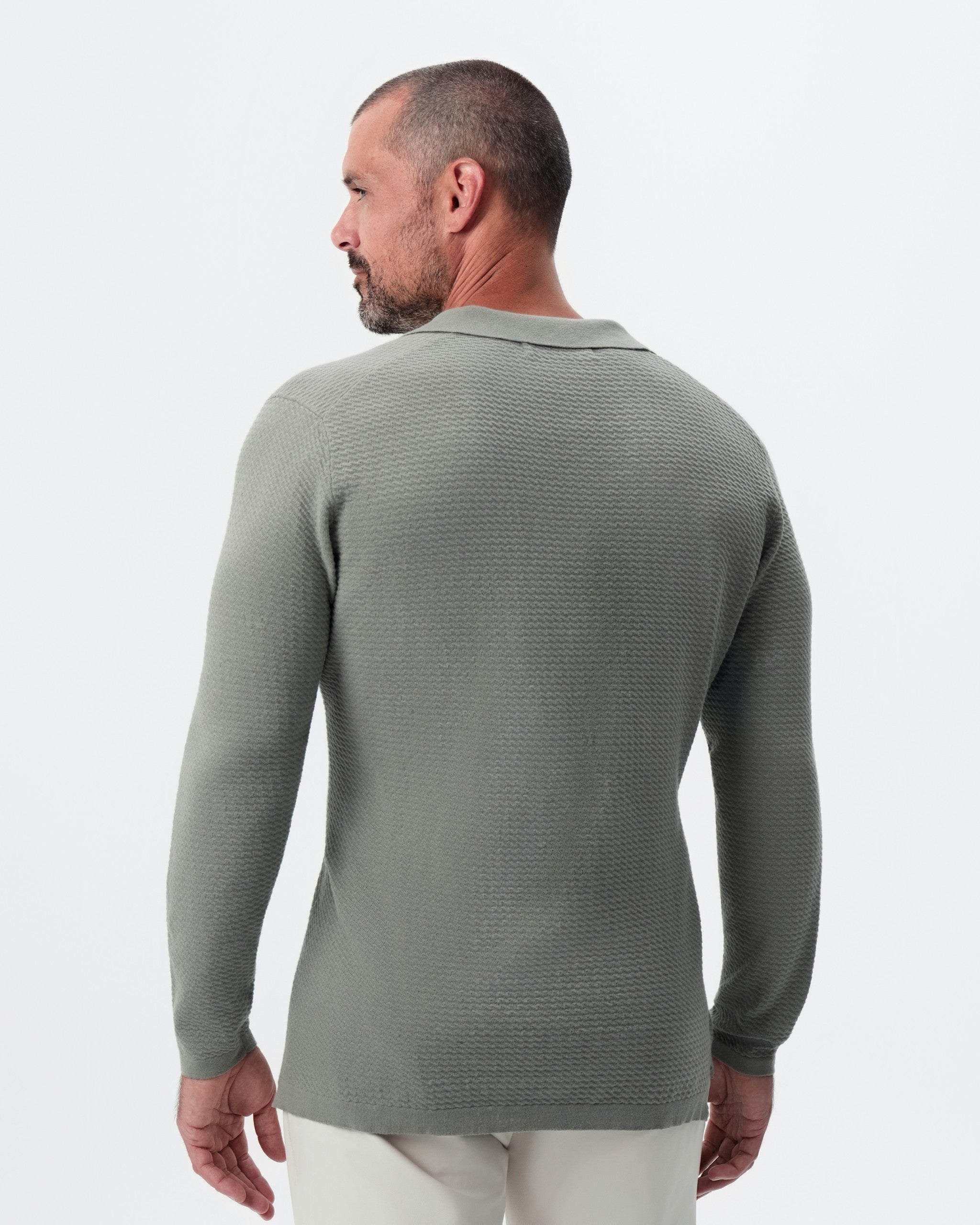 Textured Buttonless Long Sleeve Polo - Olive