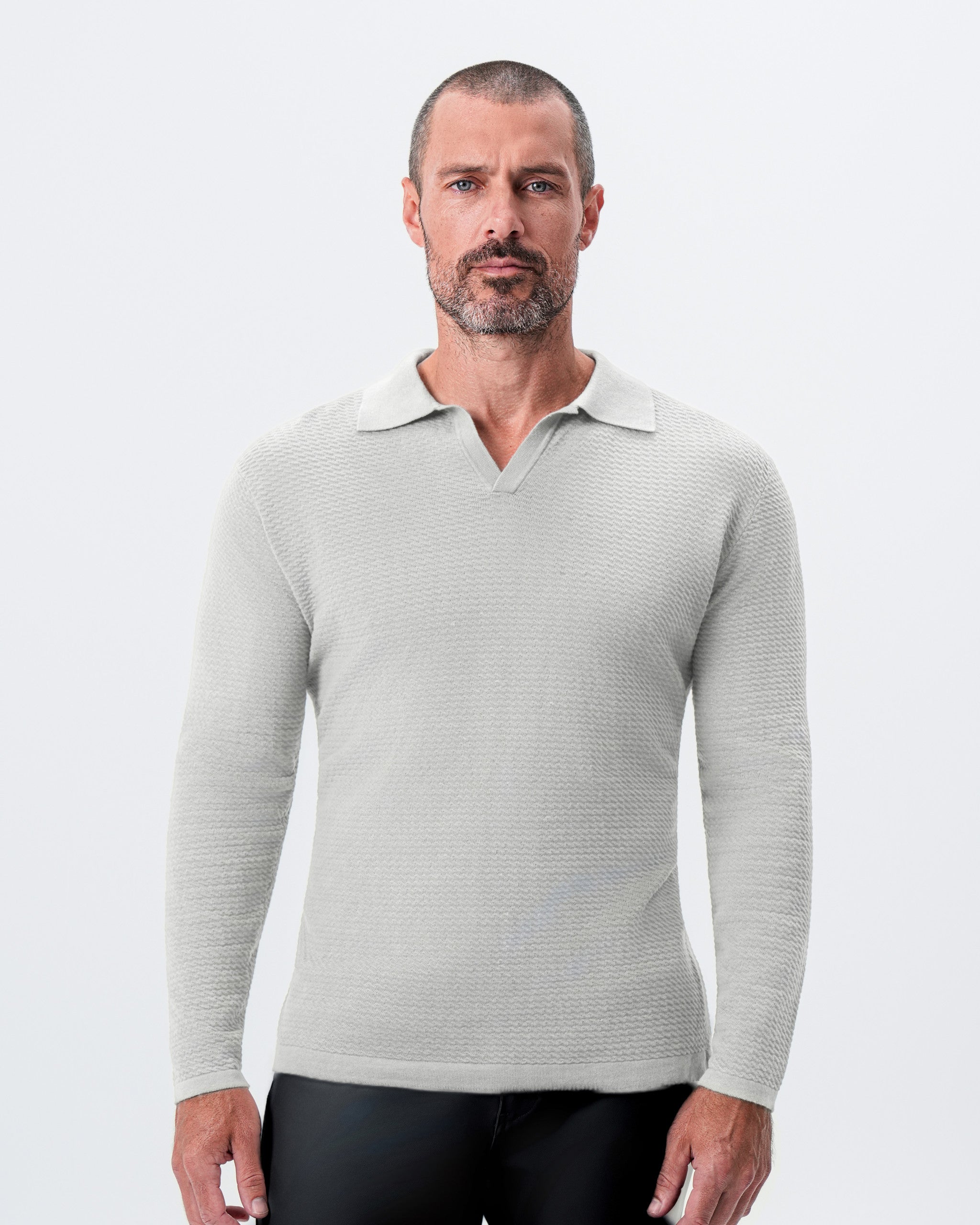 Textured Buttonless Long Sleeve Polo - Stone