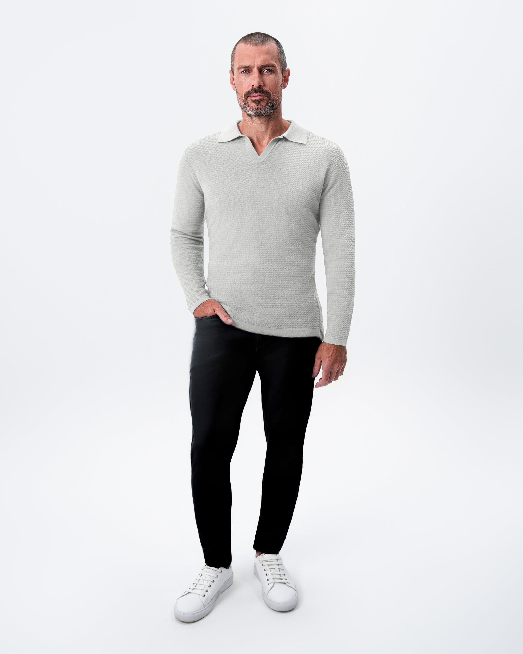 Textured Buttonless Long Sleeve Polo - Stone