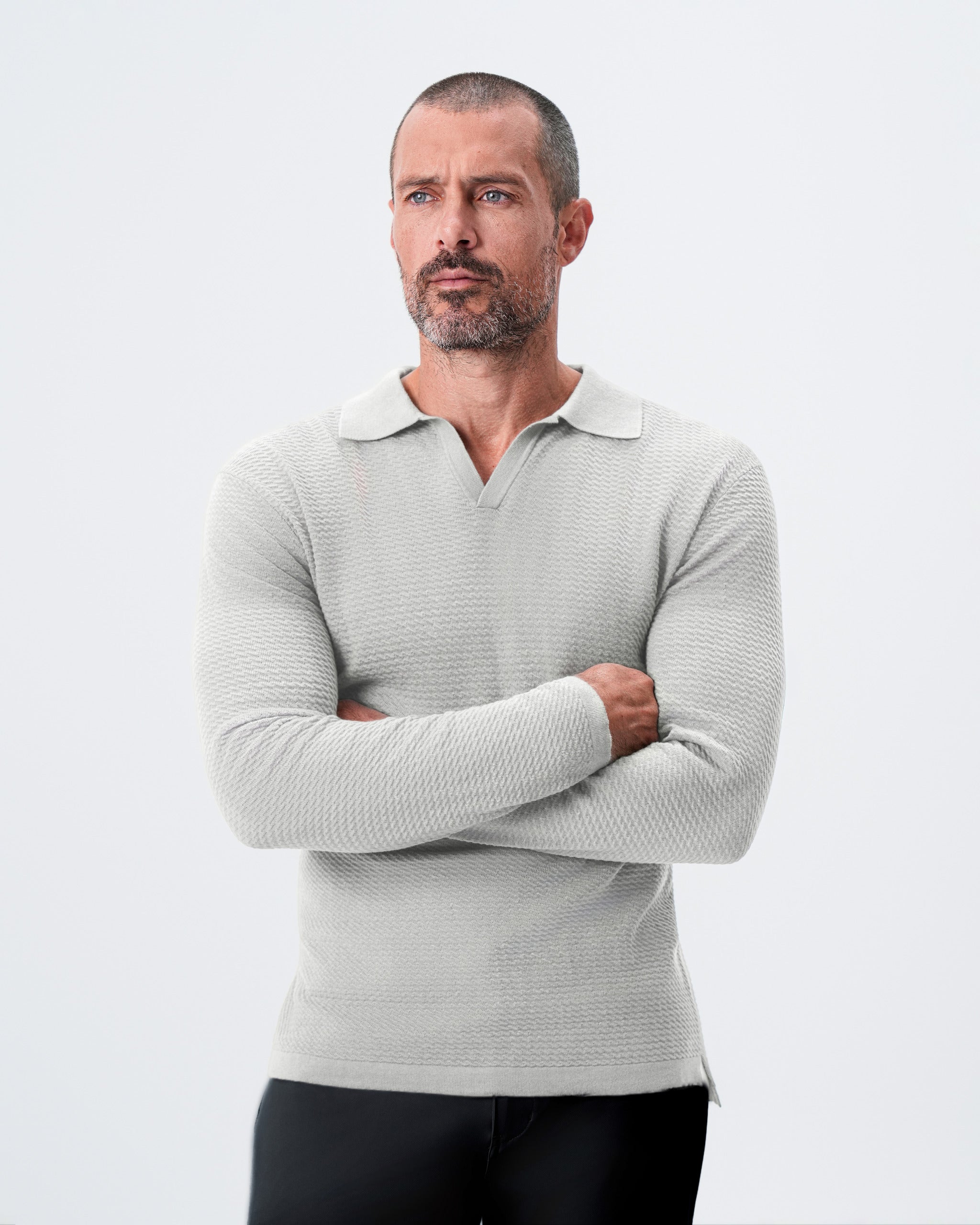 Textured Buttonless Long Sleeve Polo - Stone