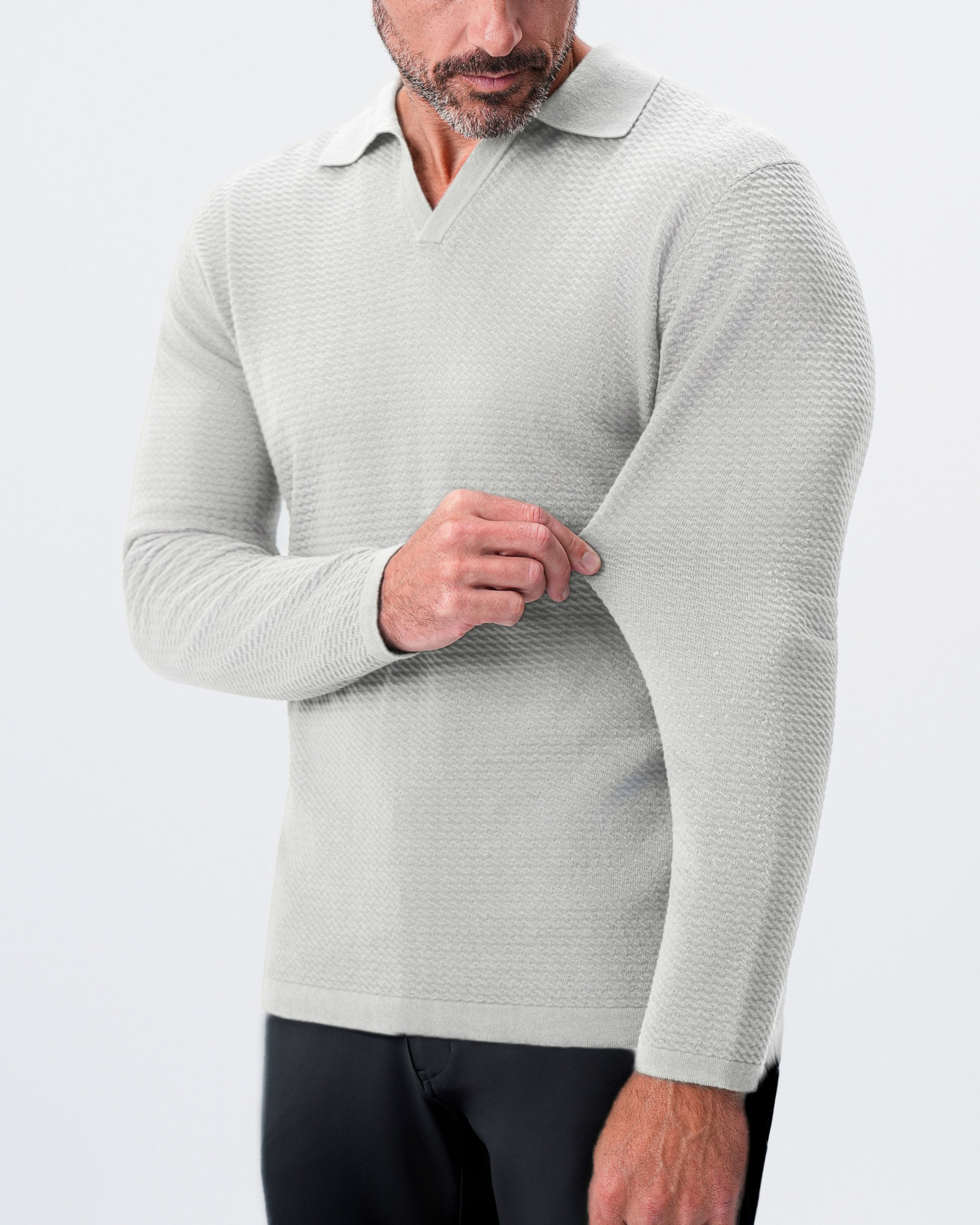 Textured Buttonless Long Sleeve Polo - Stone
