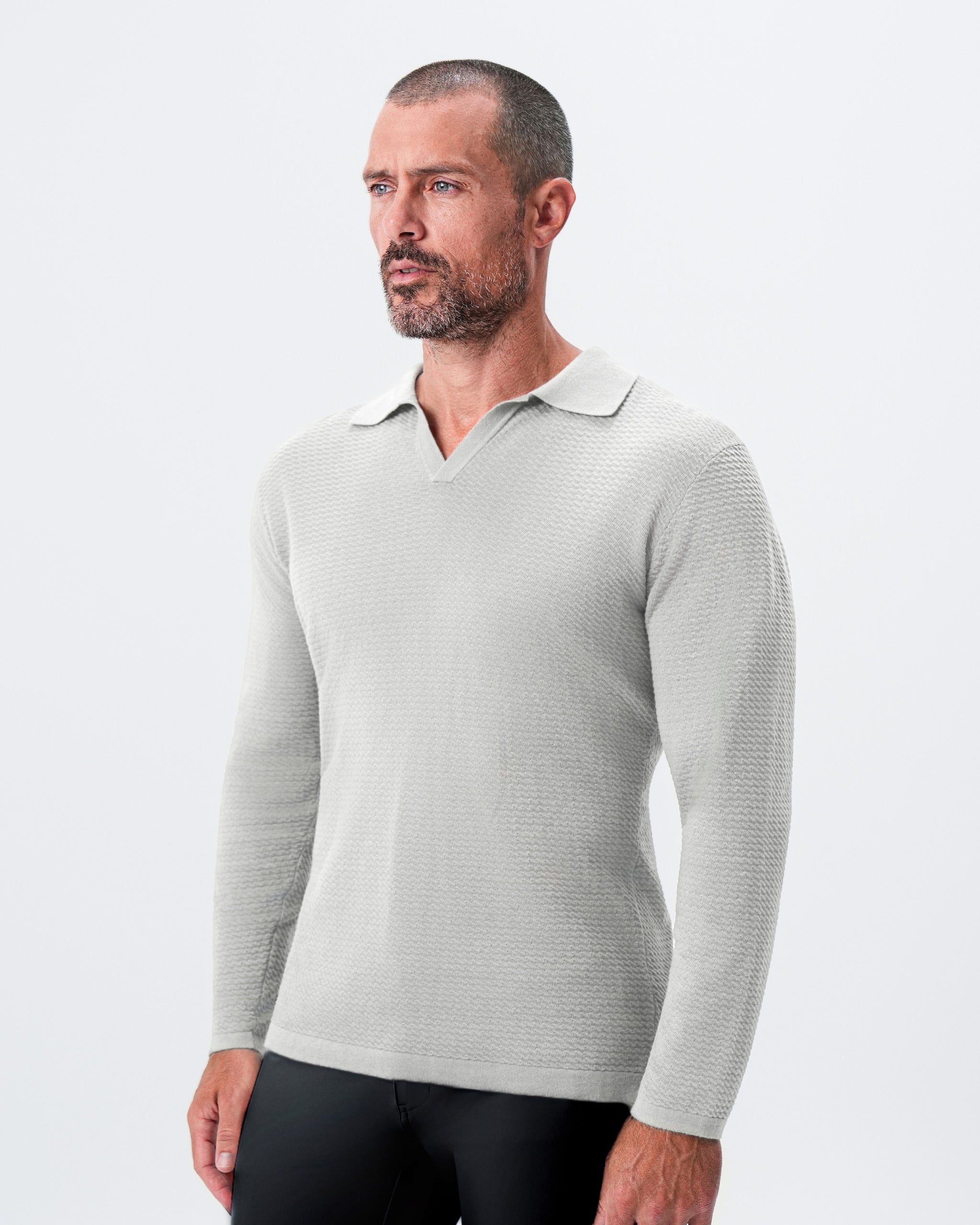 Textured Buttonless Long Sleeve Polo - Stone