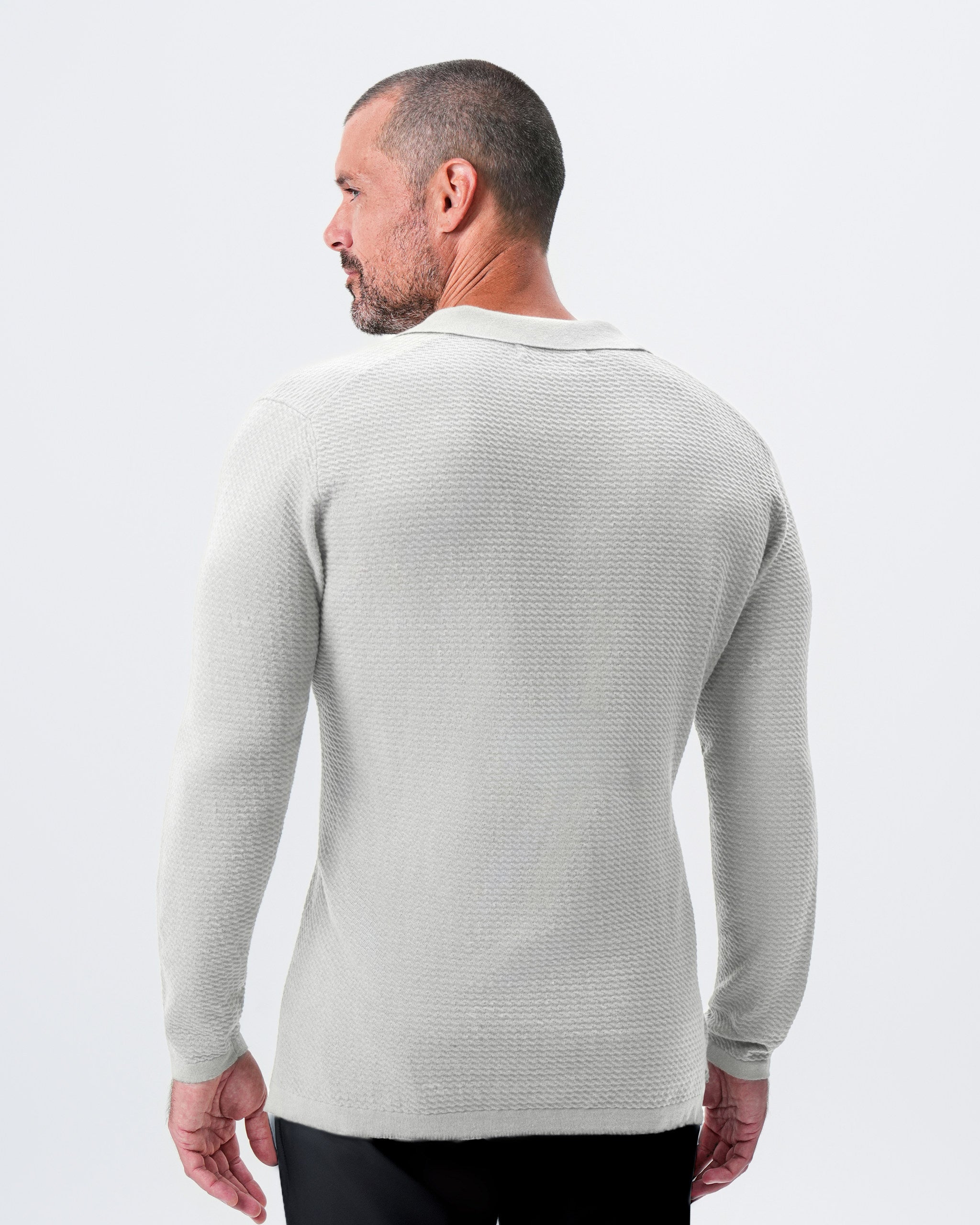Textured Buttonless Long Sleeve Polo - Stone