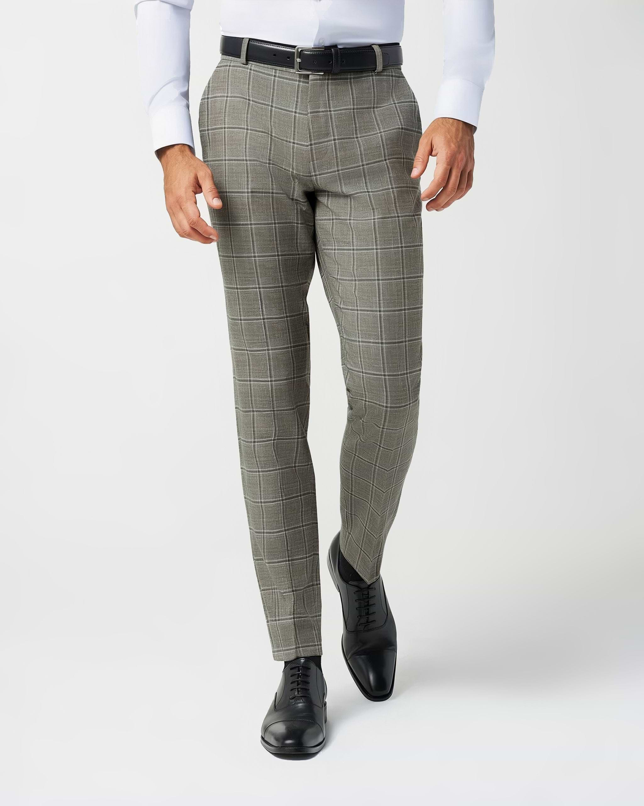 Athletic Fit Stretch Suit Pants - Textured Tan with Olive Windowpane