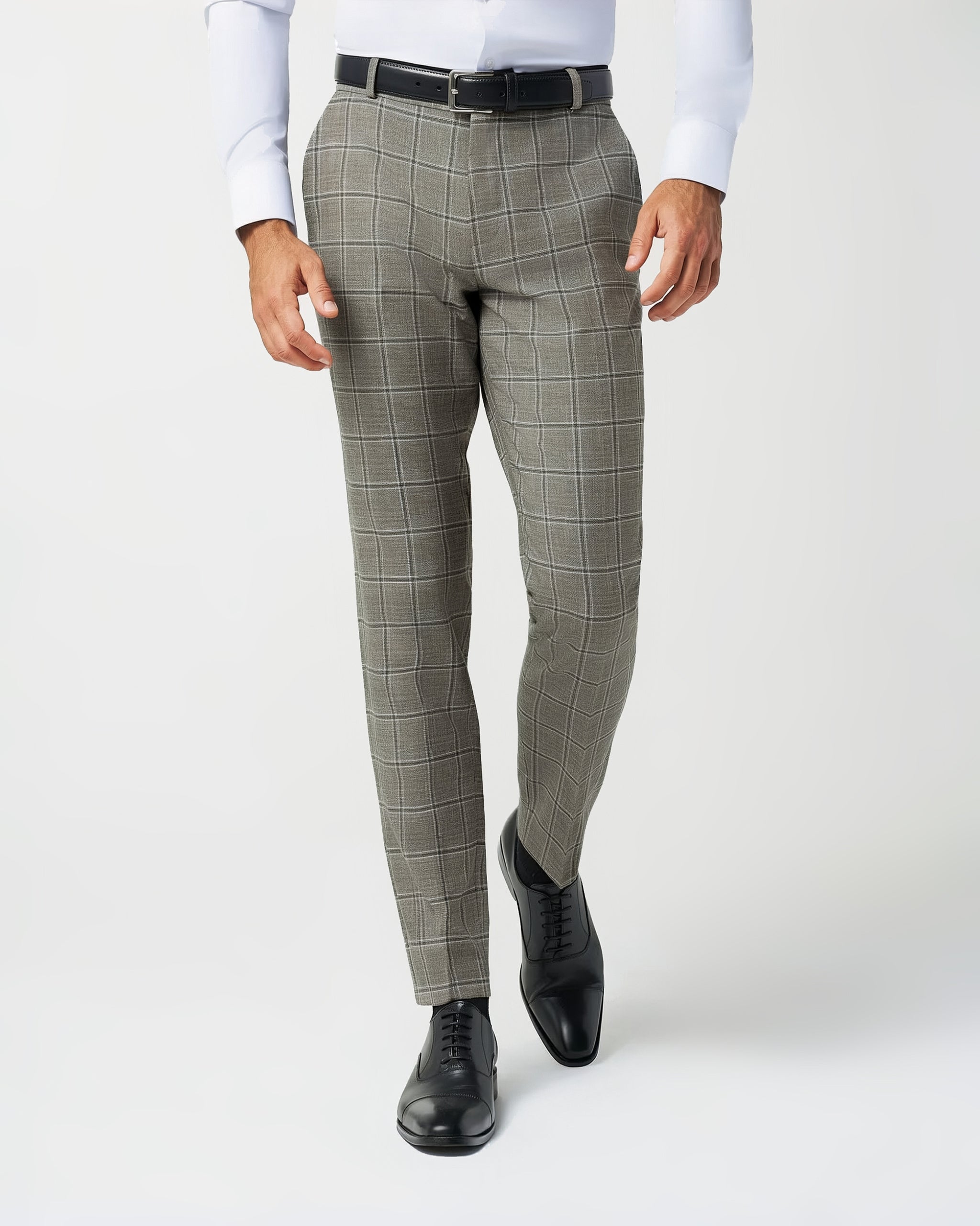 Athletic Fit Stretch Suit Pants - Textured Tan with Olive Windowpane