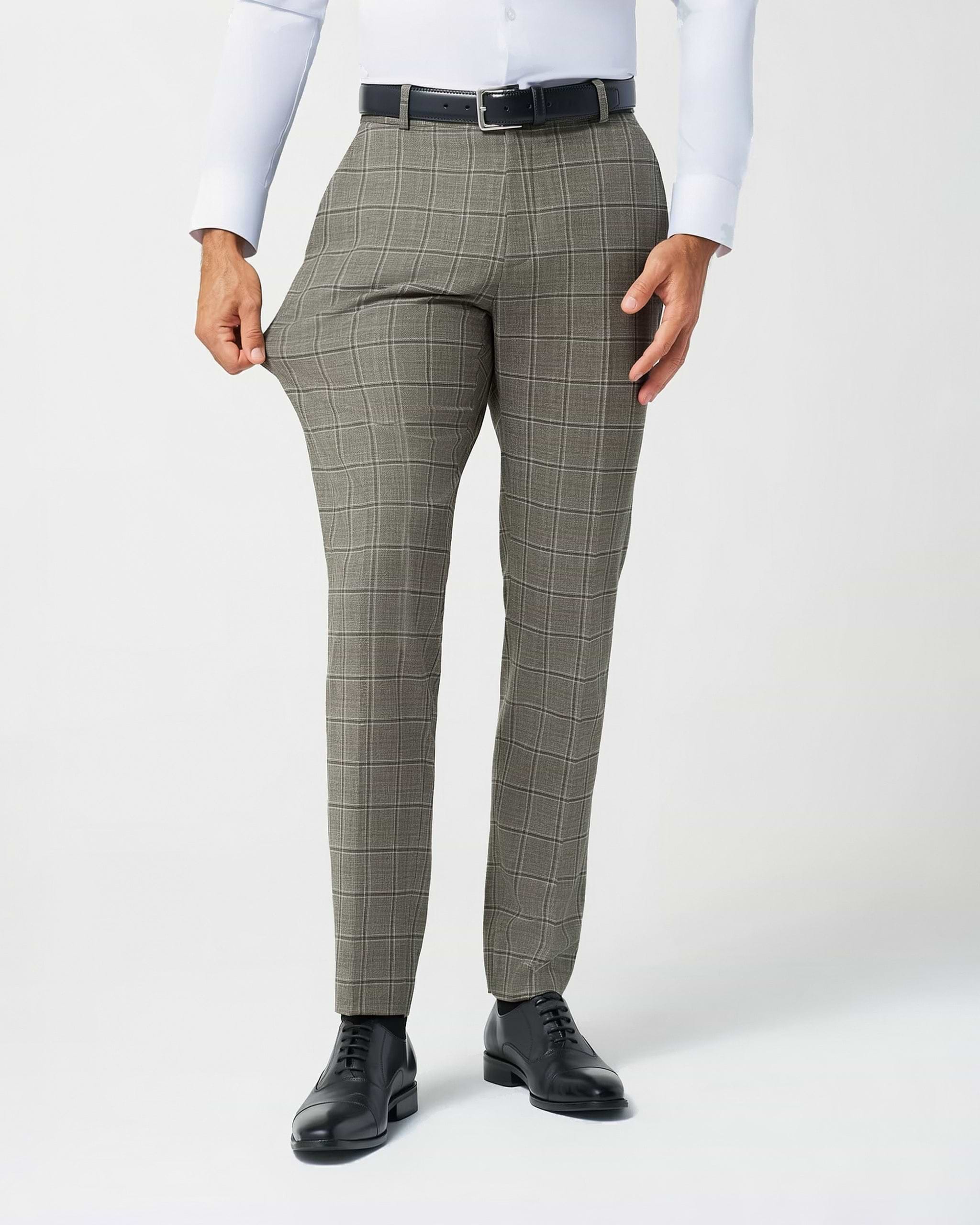 Athletic Fit Stretch Suit Pants - Textured Tan with Olive Windowpane