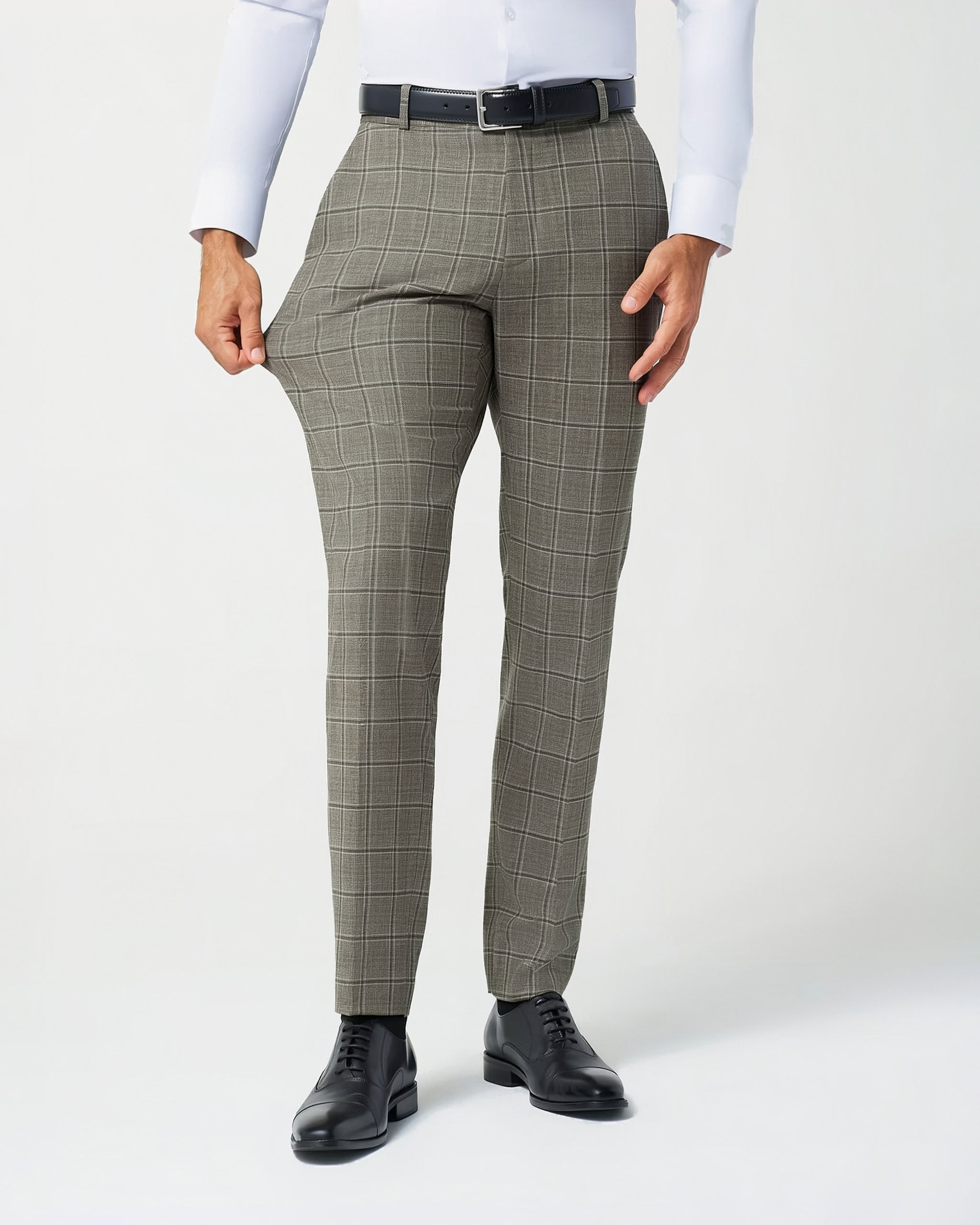 Athletic Fit Stretch Suit Pants - Textured Tan with Olive Windowpane
