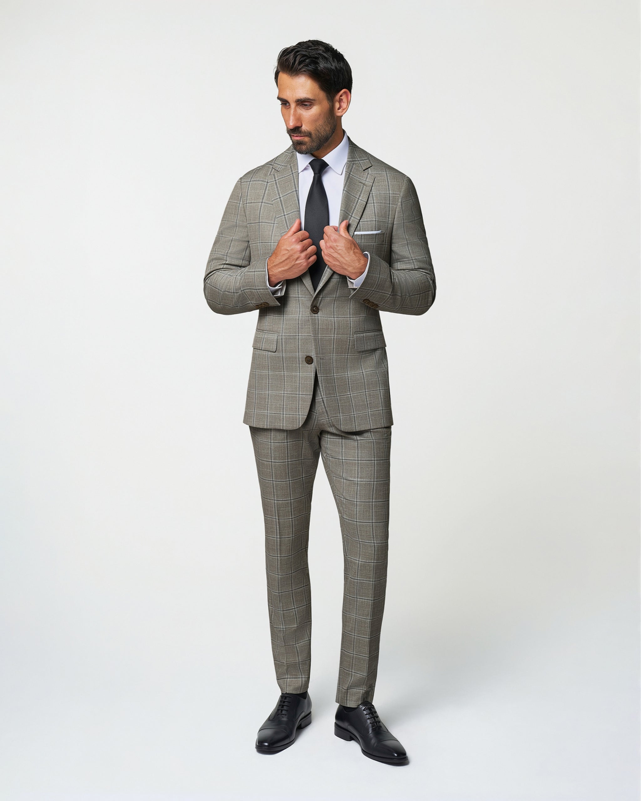 Athletic Fit Stretch Suit - Textured Tan with Olive Windowpane