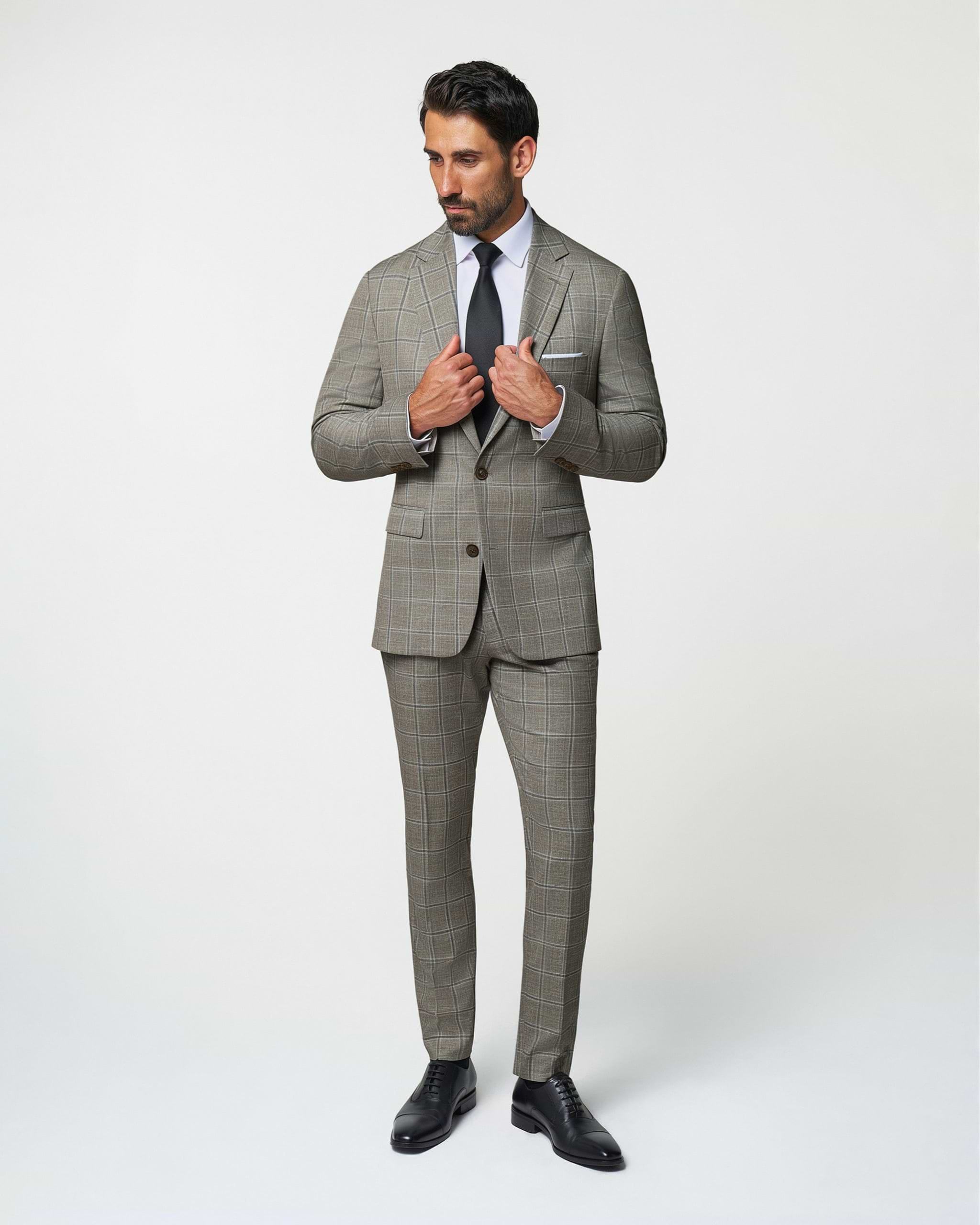 Athletic Fit Stretch Suit Pants - Textured Tan with Olive Windowpane