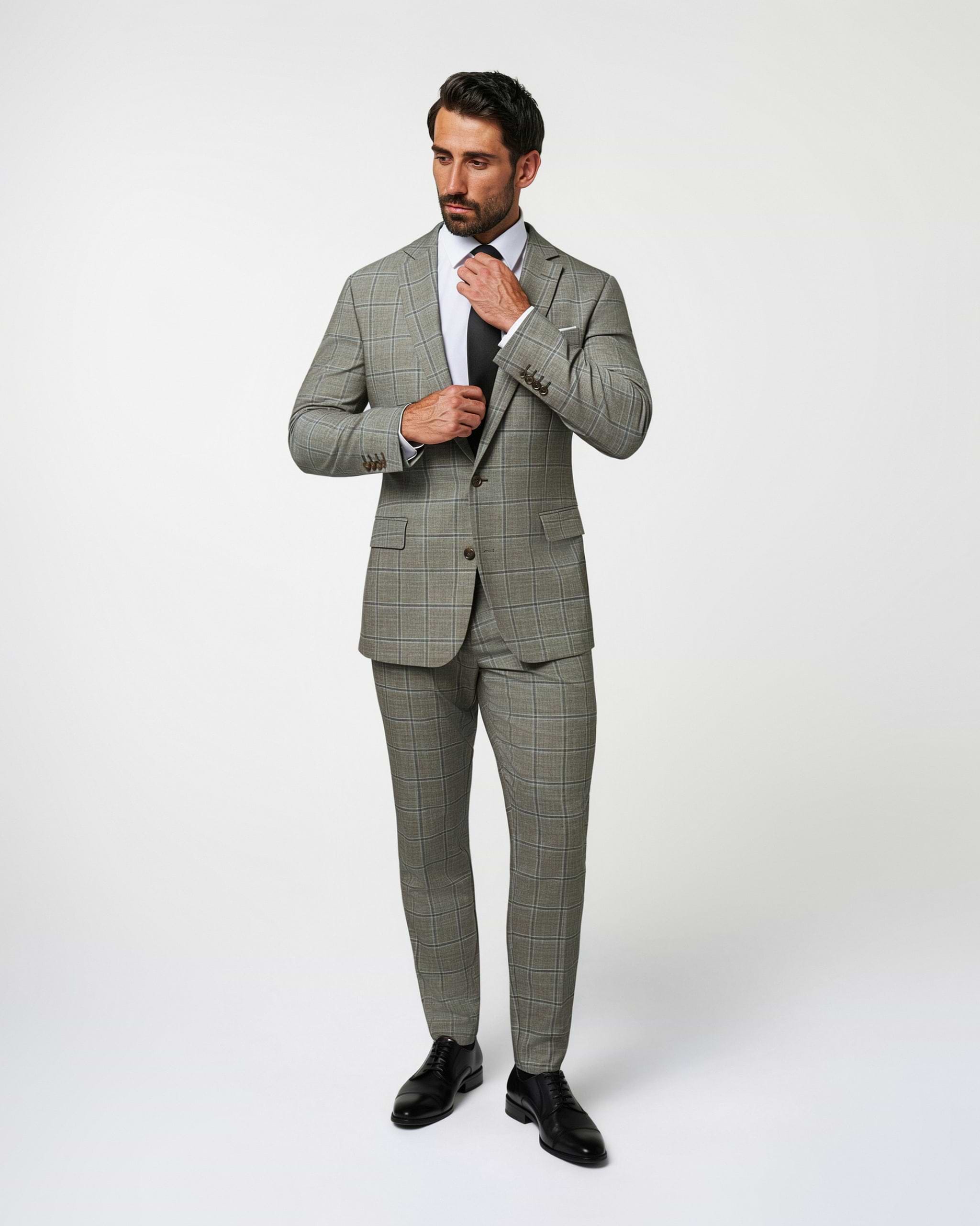 Athletic Fit Stretch Blazer - Textured Tan with Olive Windowpane