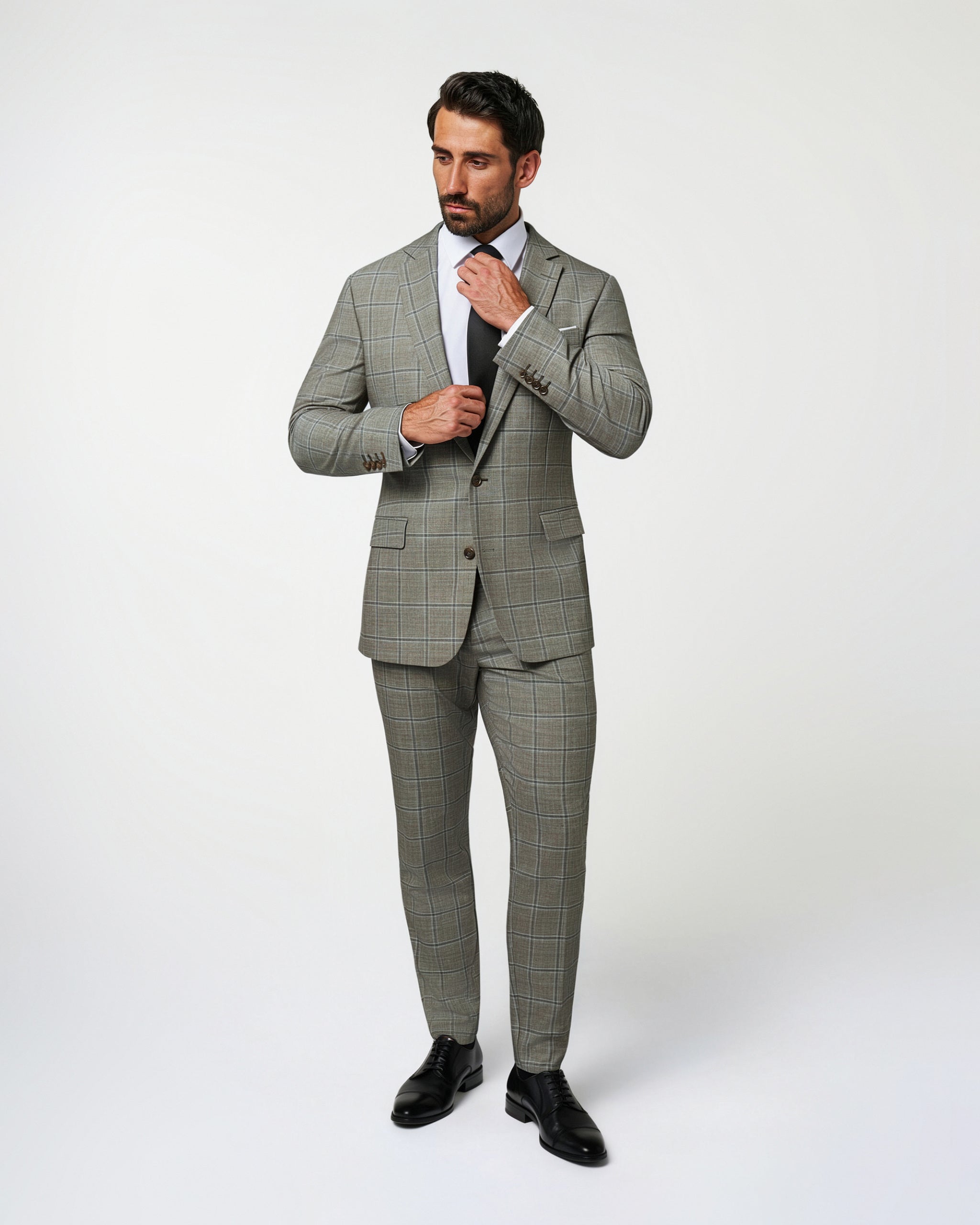 Athletic Fit Stretch Suit - Textured Tan with Olive Windowpane