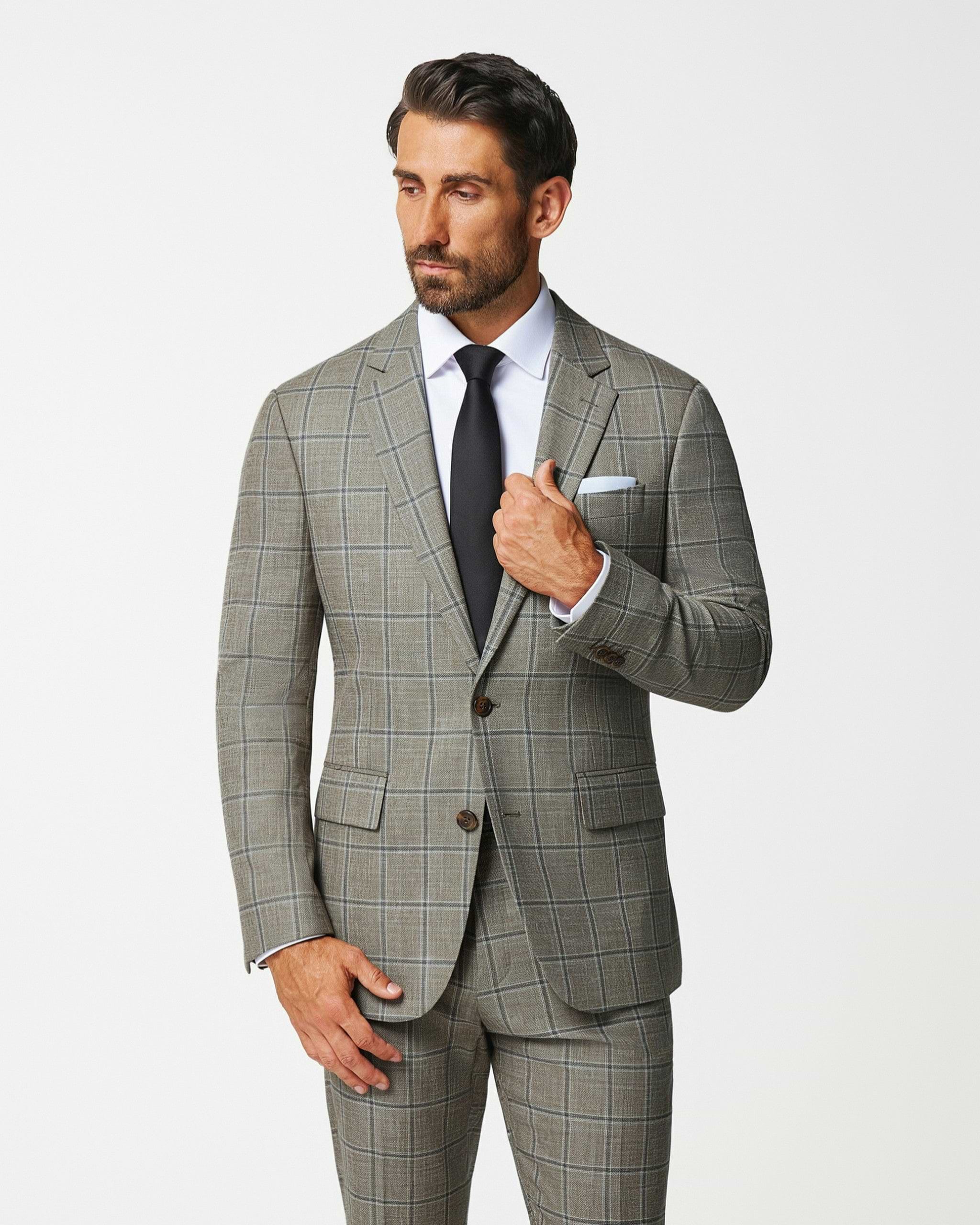 Athletic Fit Stretch Blazer - Textured Tan with Olive Windowpane