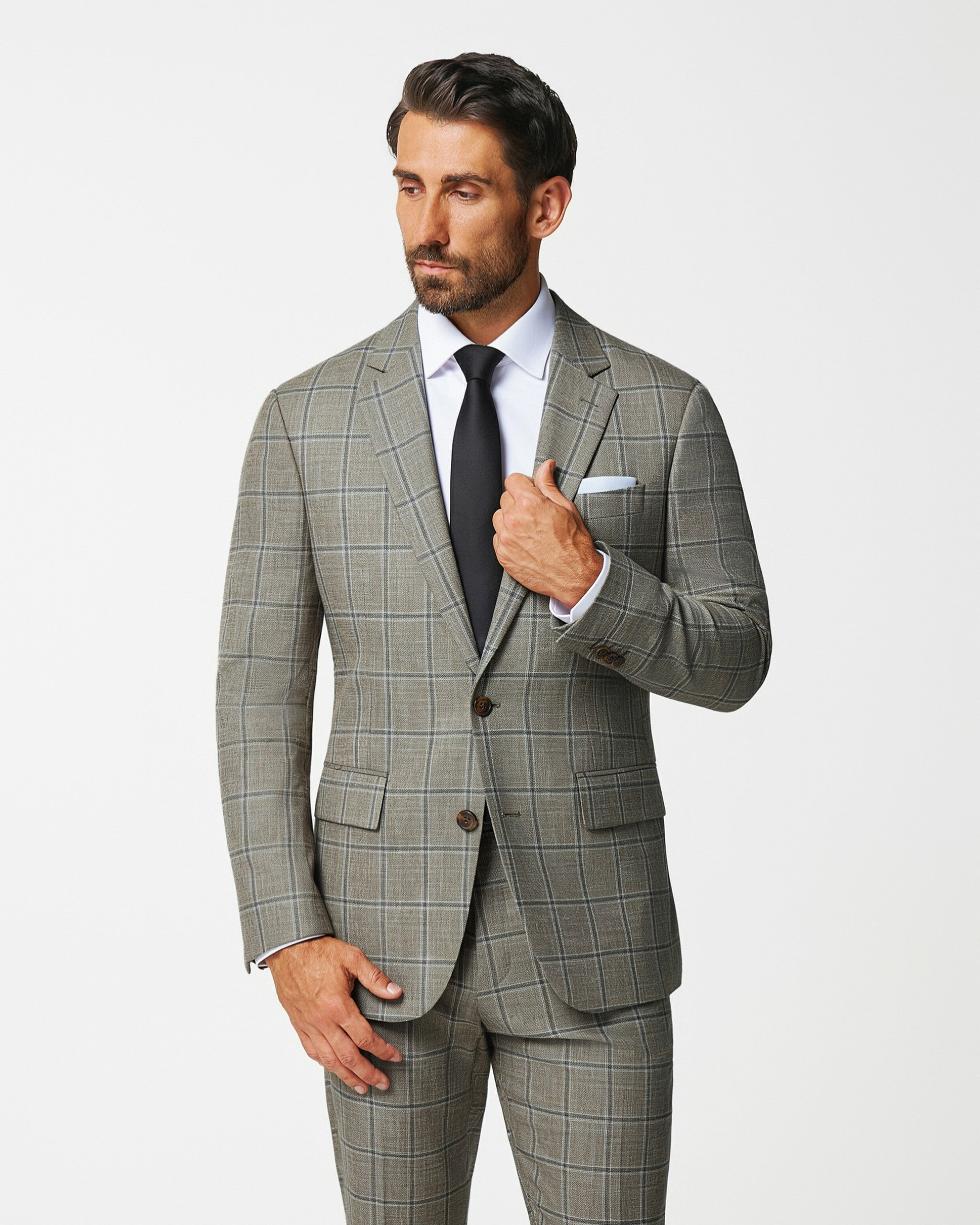 Athletic Fit Stretch Suit - Textured Tan with Olive Windowpane