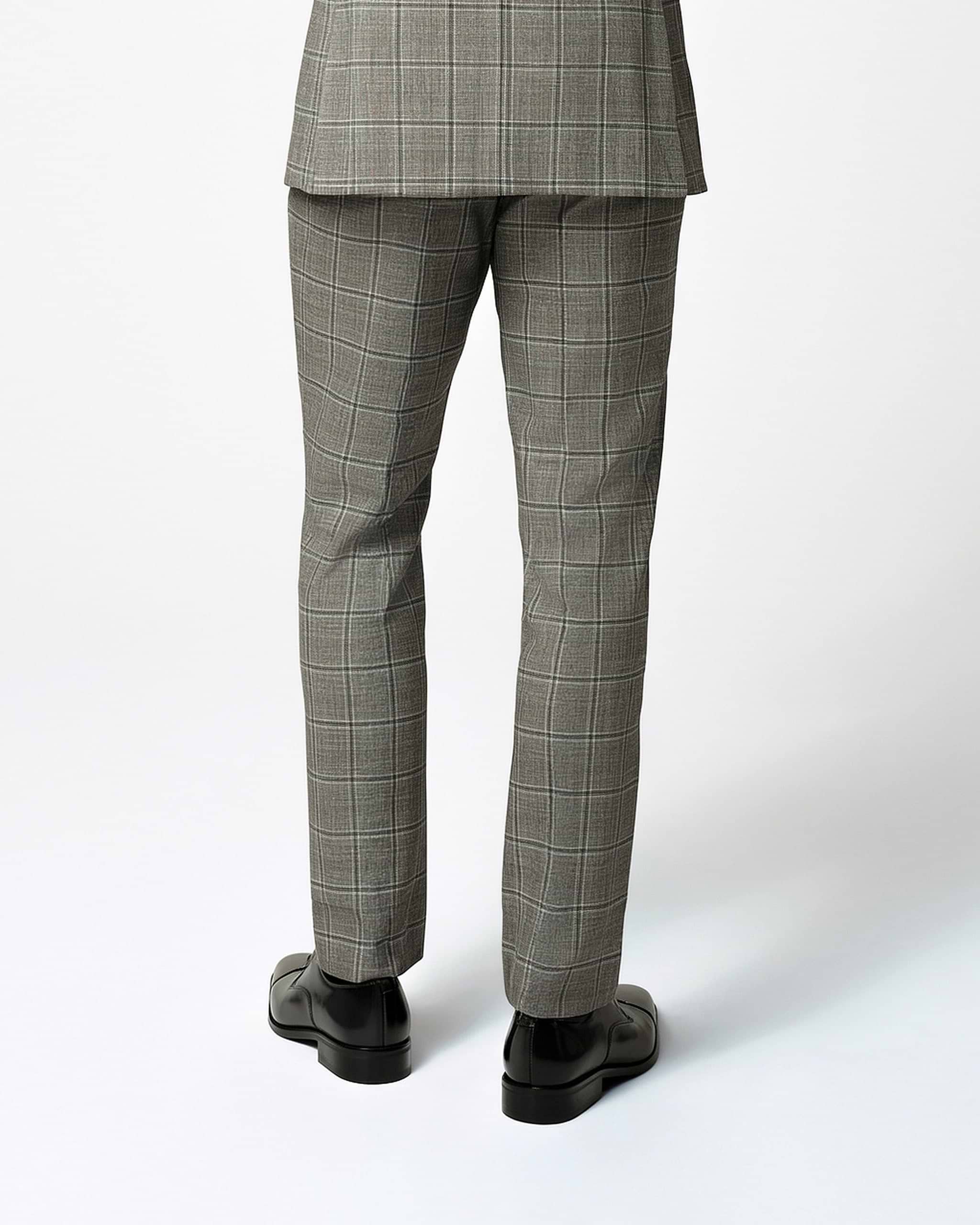 Athletic Fit Stretch Suit Pants - Textured Tan with Olive Windowpane