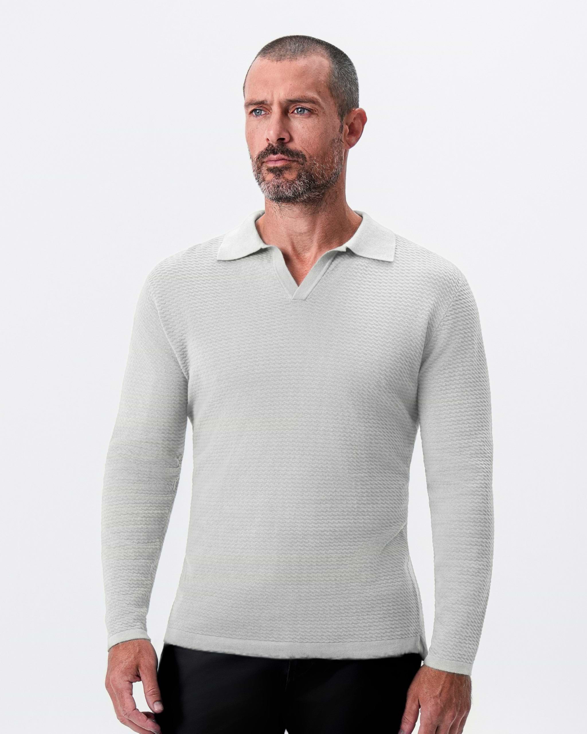 Textured Buttonless Long Sleeve Polo - Stone