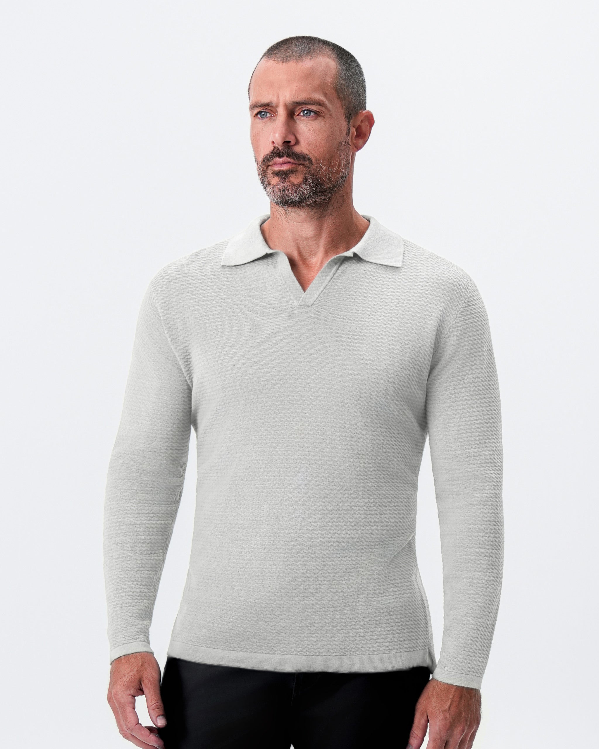 Textured Buttonless Long Sleeve Polo - Stone