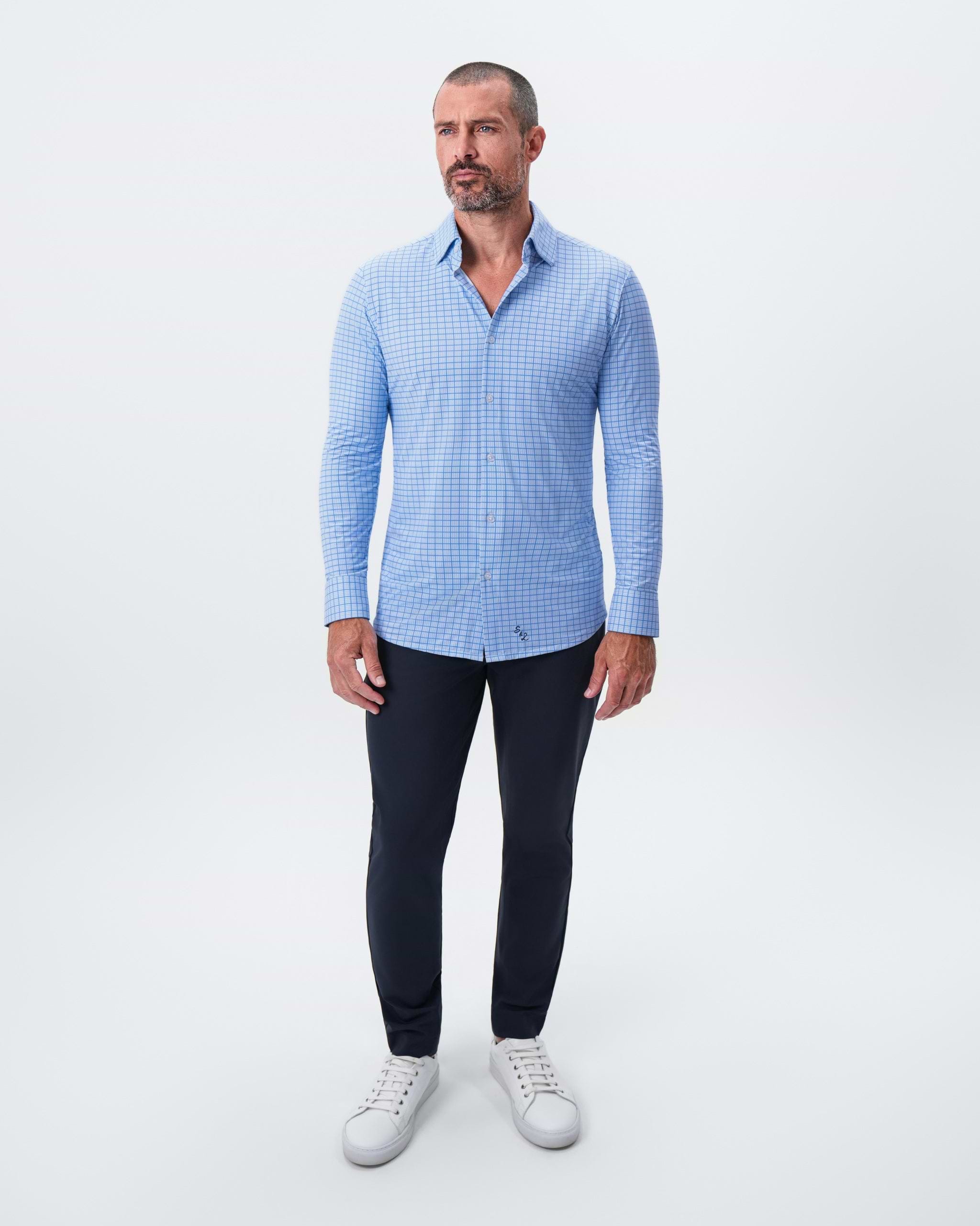 "The Lawrence" Sport Shirt - Light Blue with Navy Windowpane