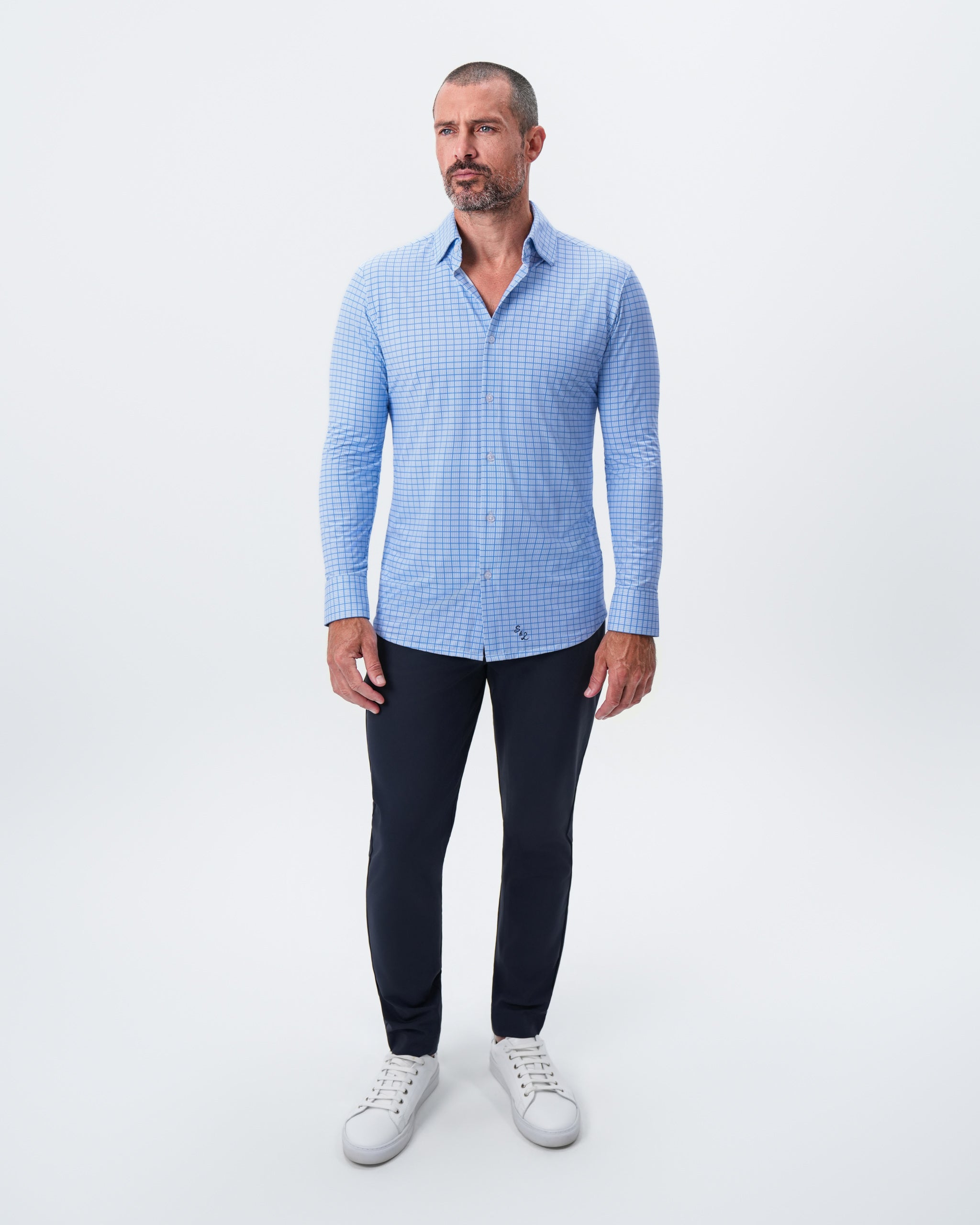 "The Lawrence" Sport Shirt - Light Blue with Navy Windowpane